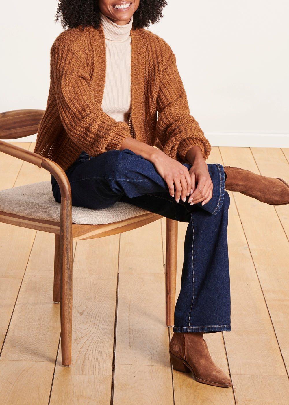 Offene, weite Mohair-Weste in Camel