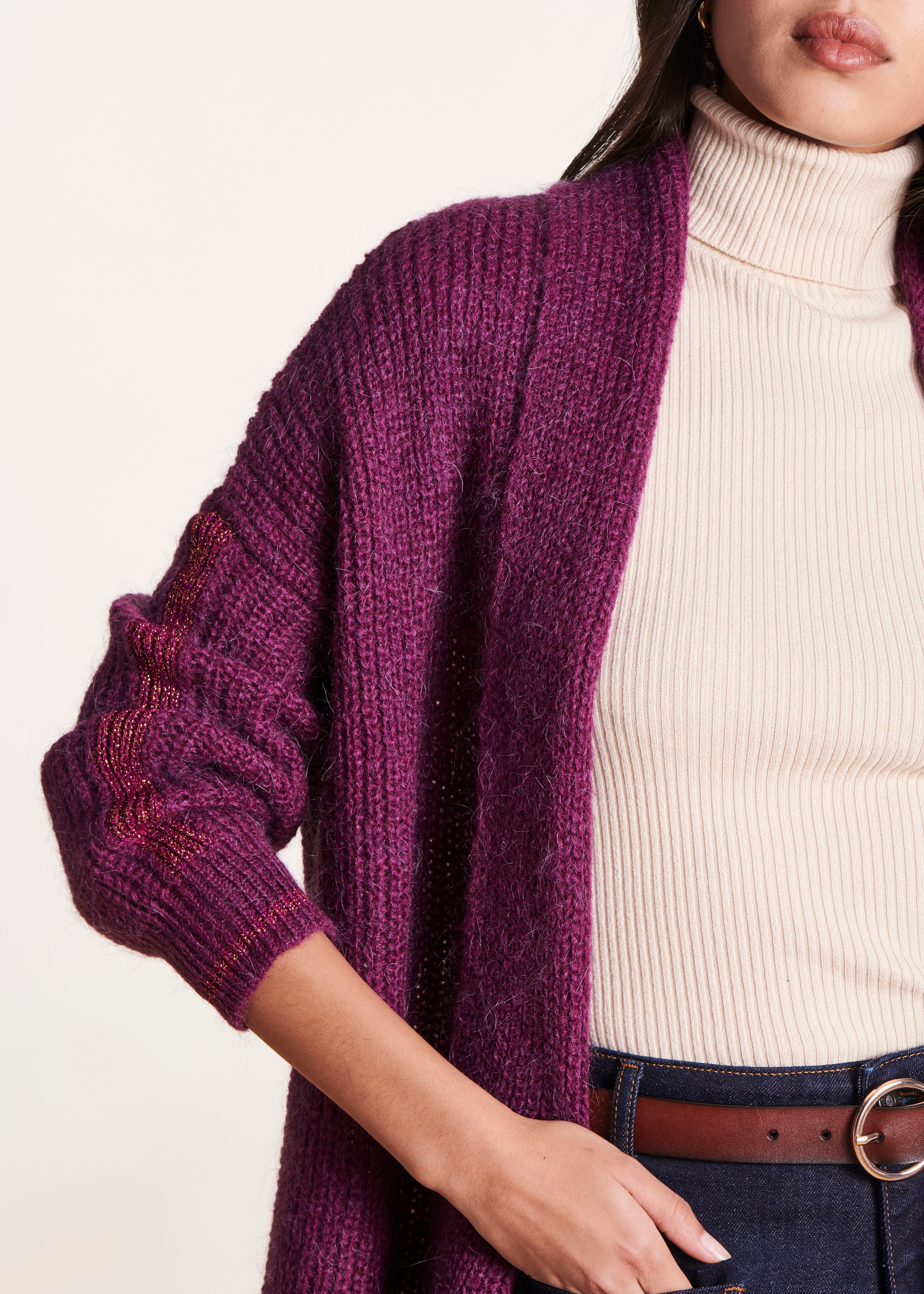 Loose-fitting purple cardigan with shawl collar