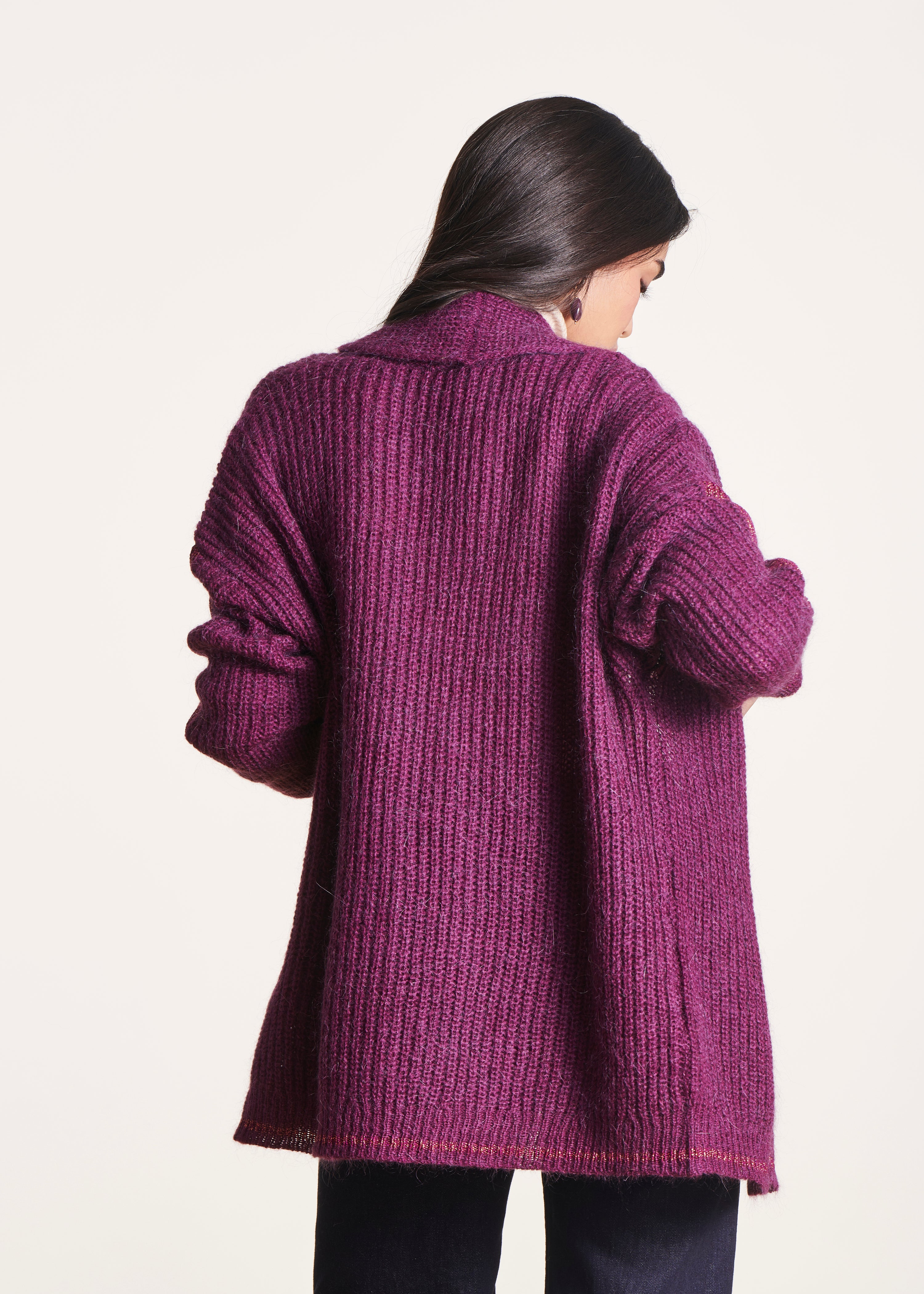 Loose-fitting purple cardigan with shawl collar