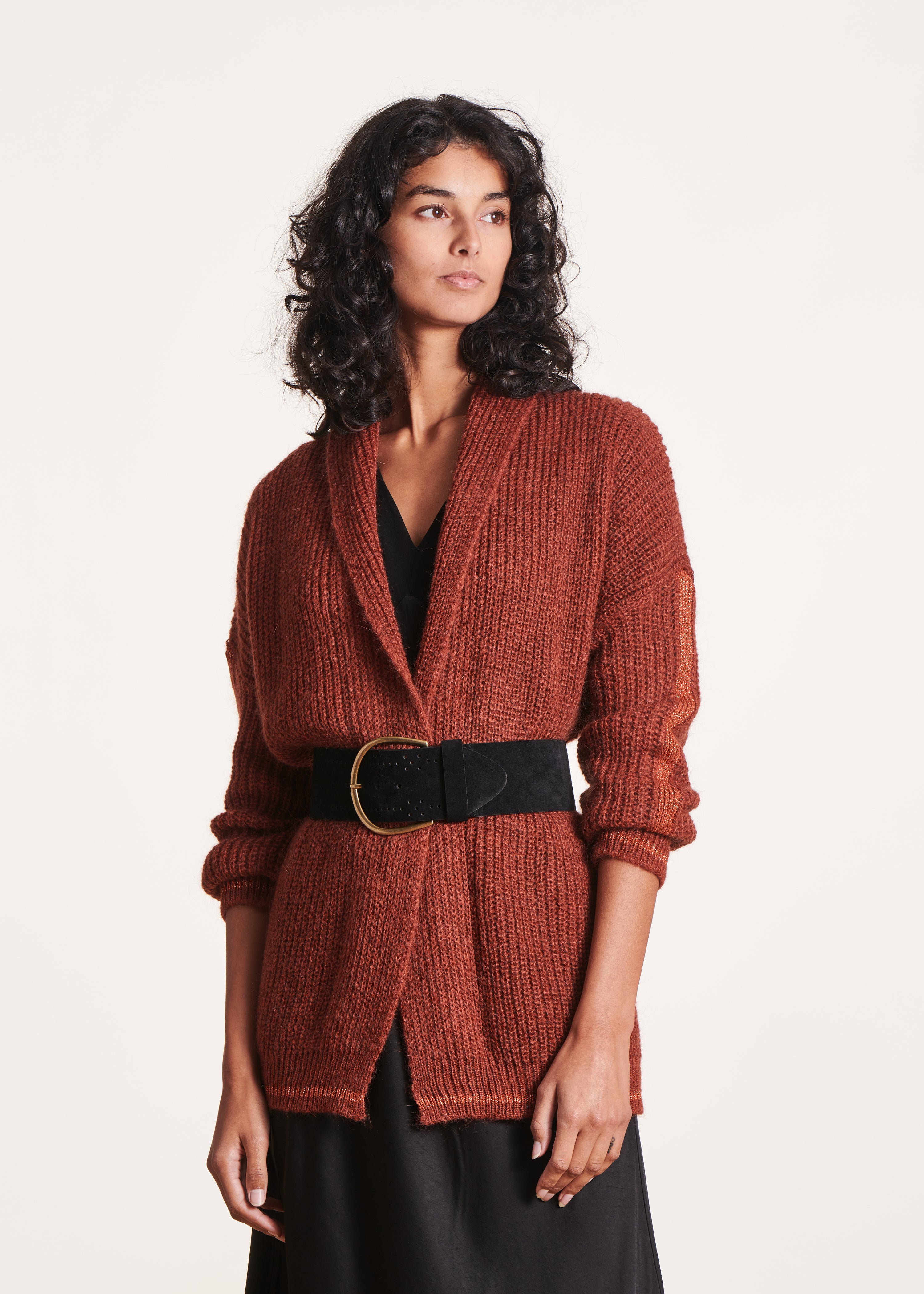 Loose-fitting terracotta cardigan with shawl collar