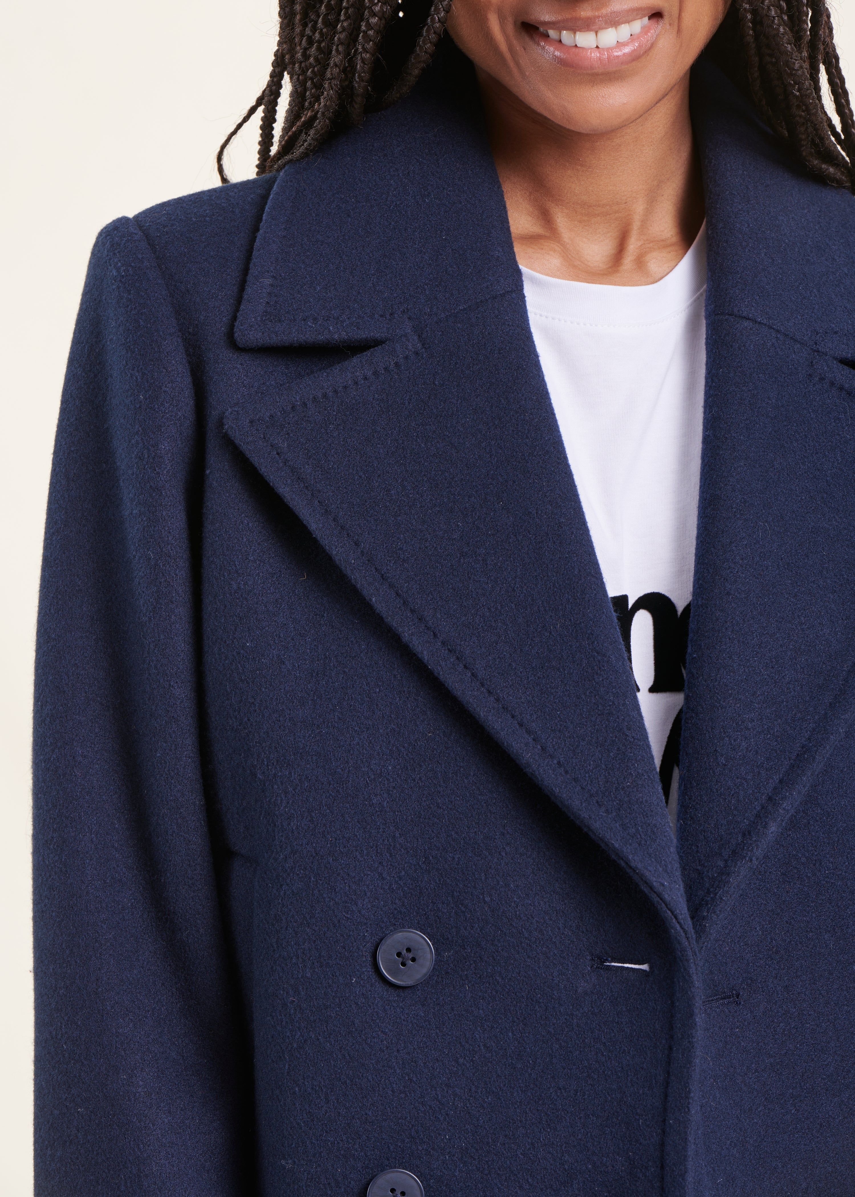 Short dark blue peacoat coat