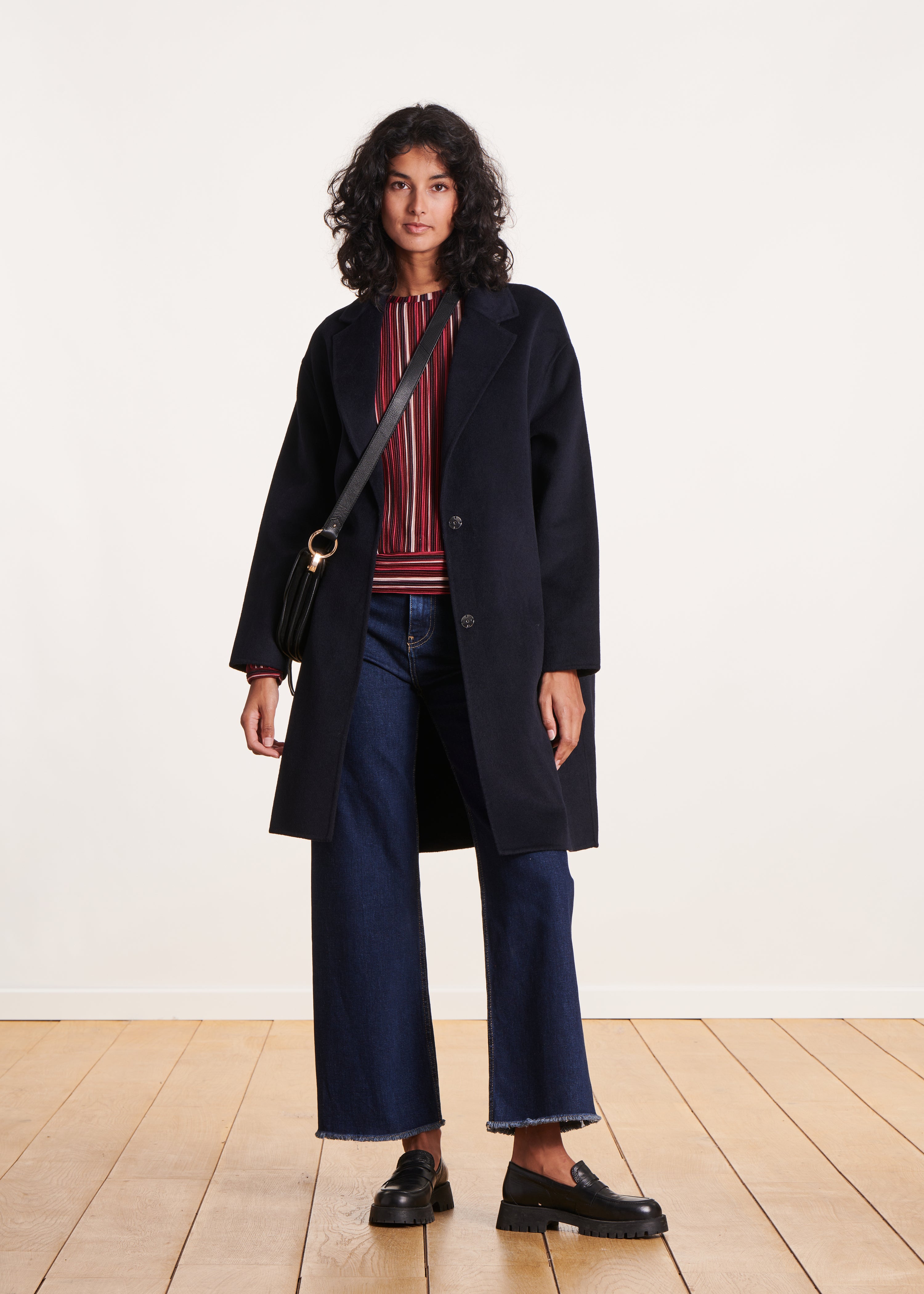 Navy blue mid-length wool coat