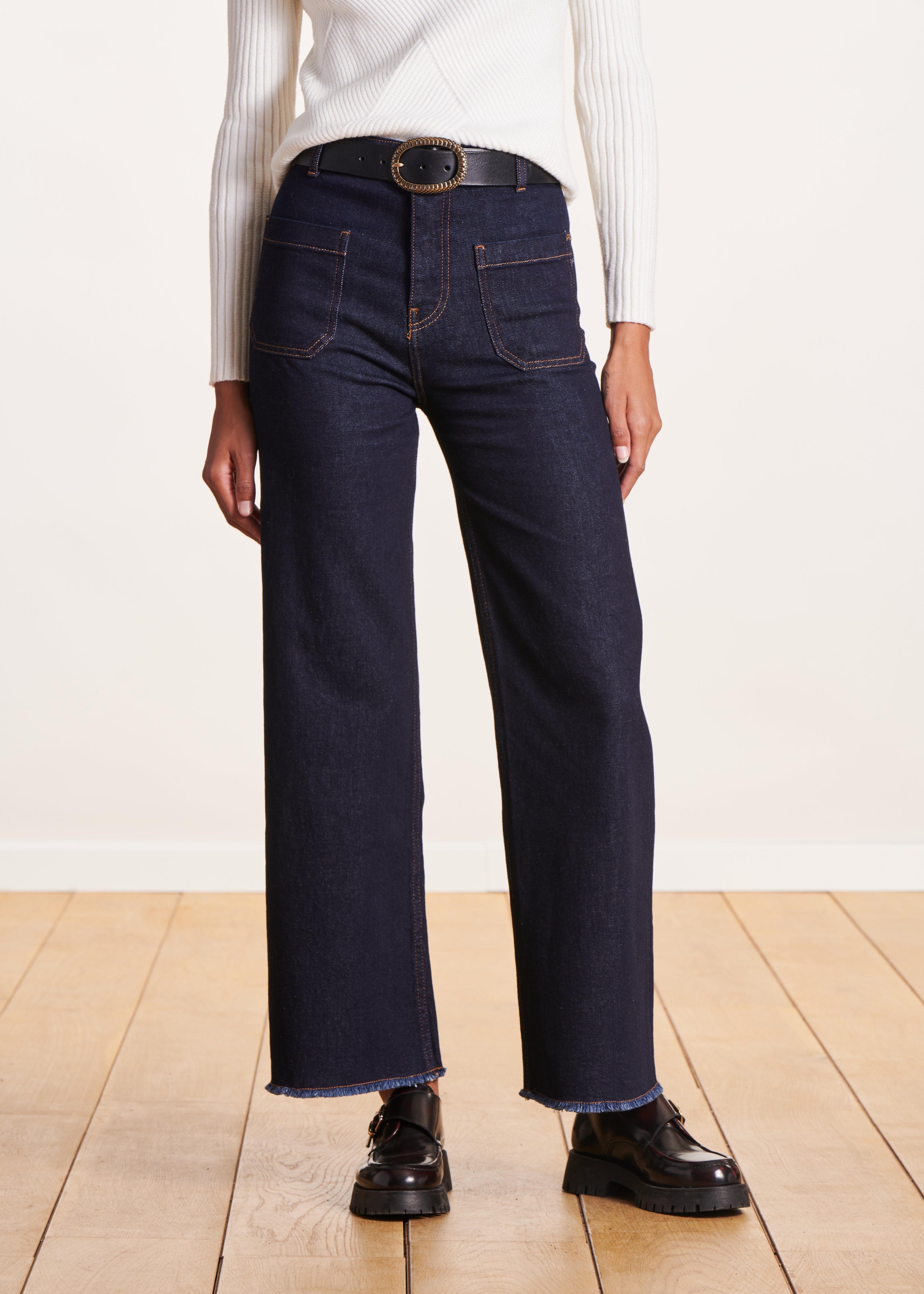 High-waisted dark organic cotton flare jeans