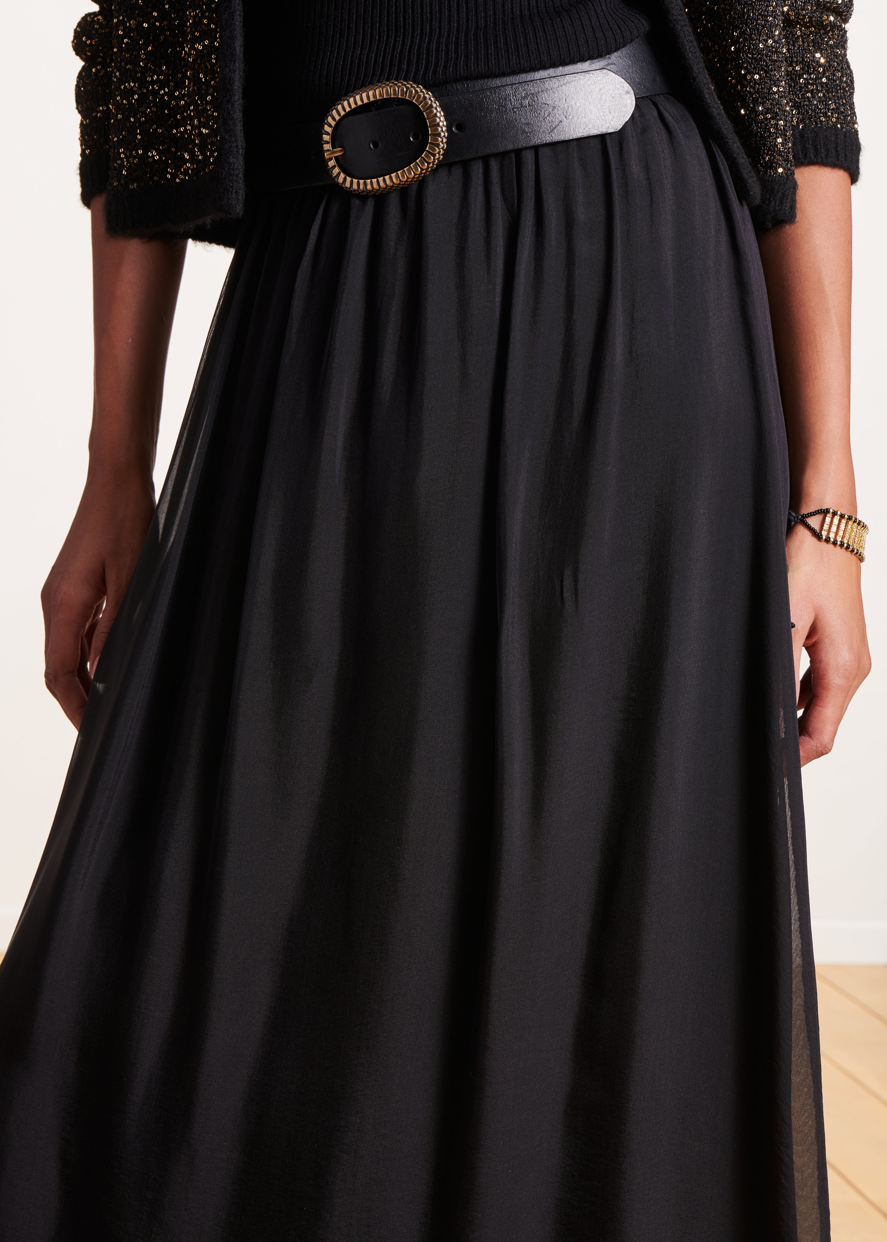 Long black voile skirt with elastic waist