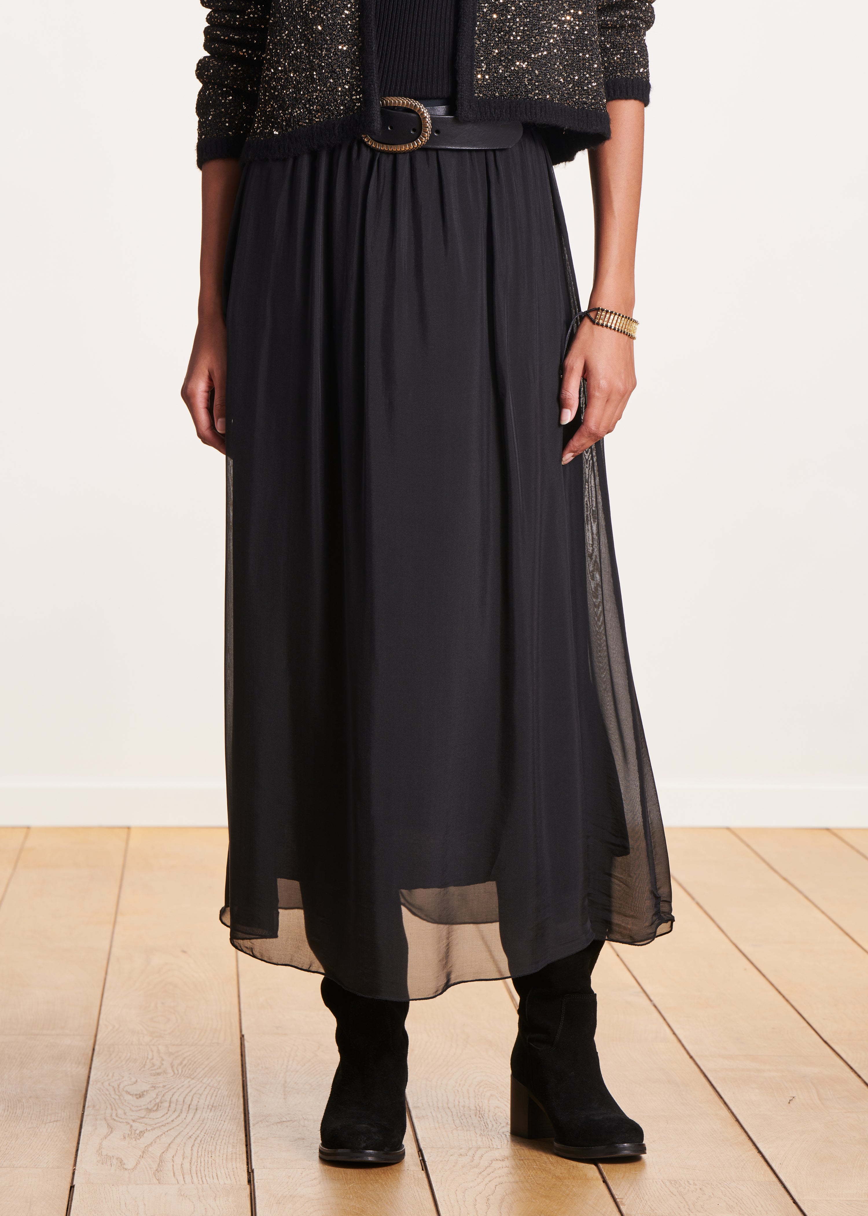 Long black voile skirt with elastic waist