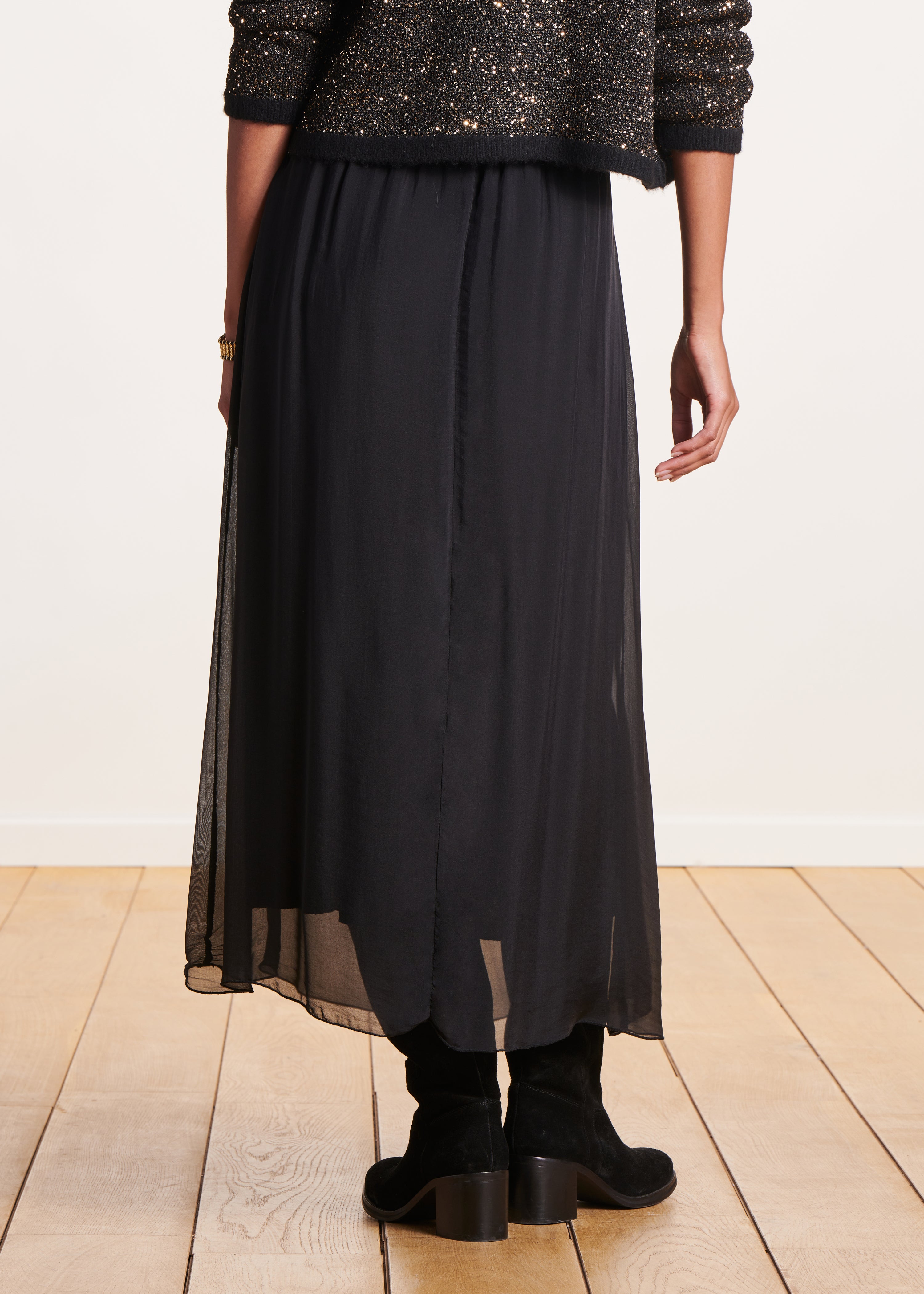 Long black voile skirt with elastic waist