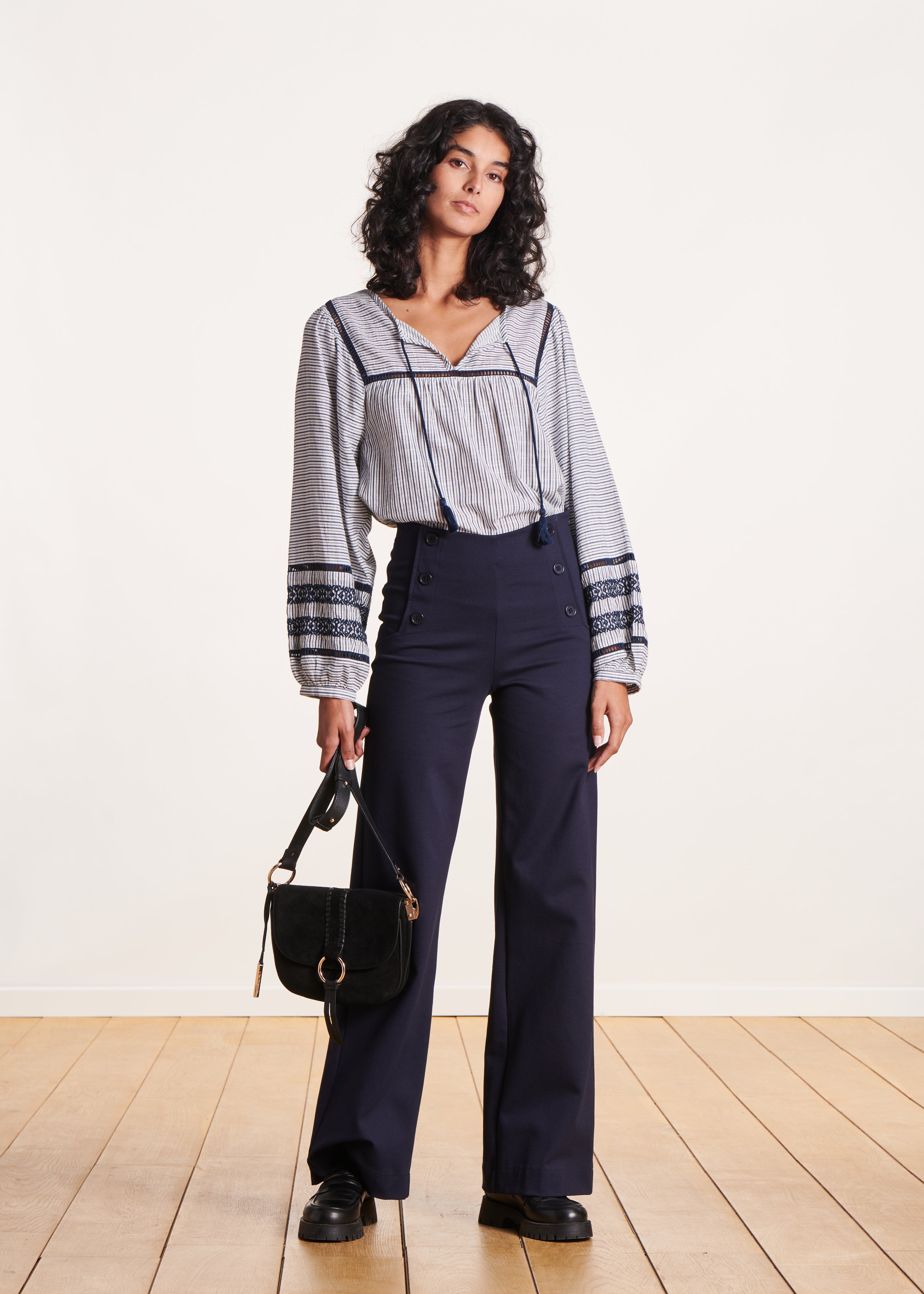 Dark blue high-waisted jersey trousers