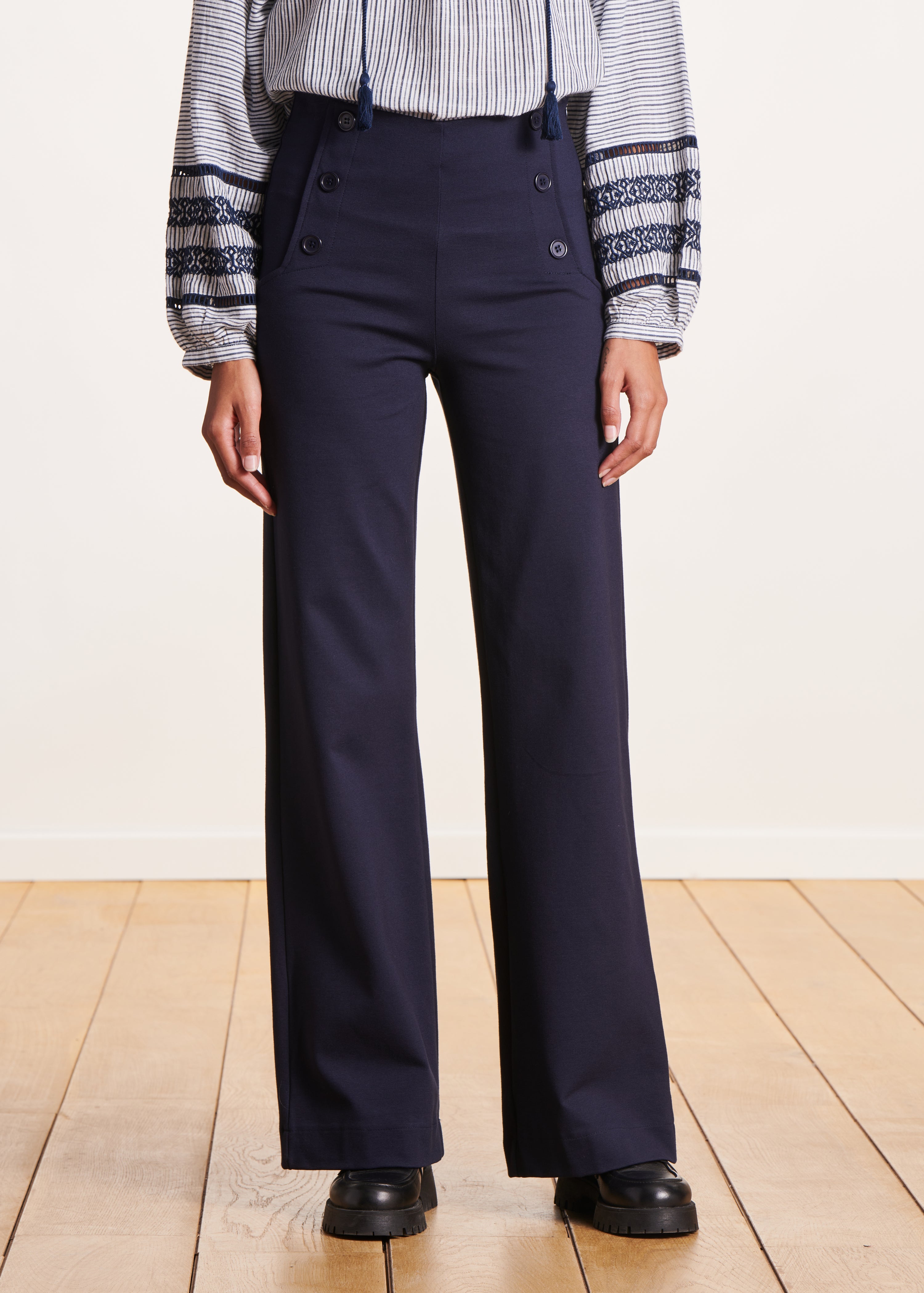 Dark blue high-waisted jersey trousers