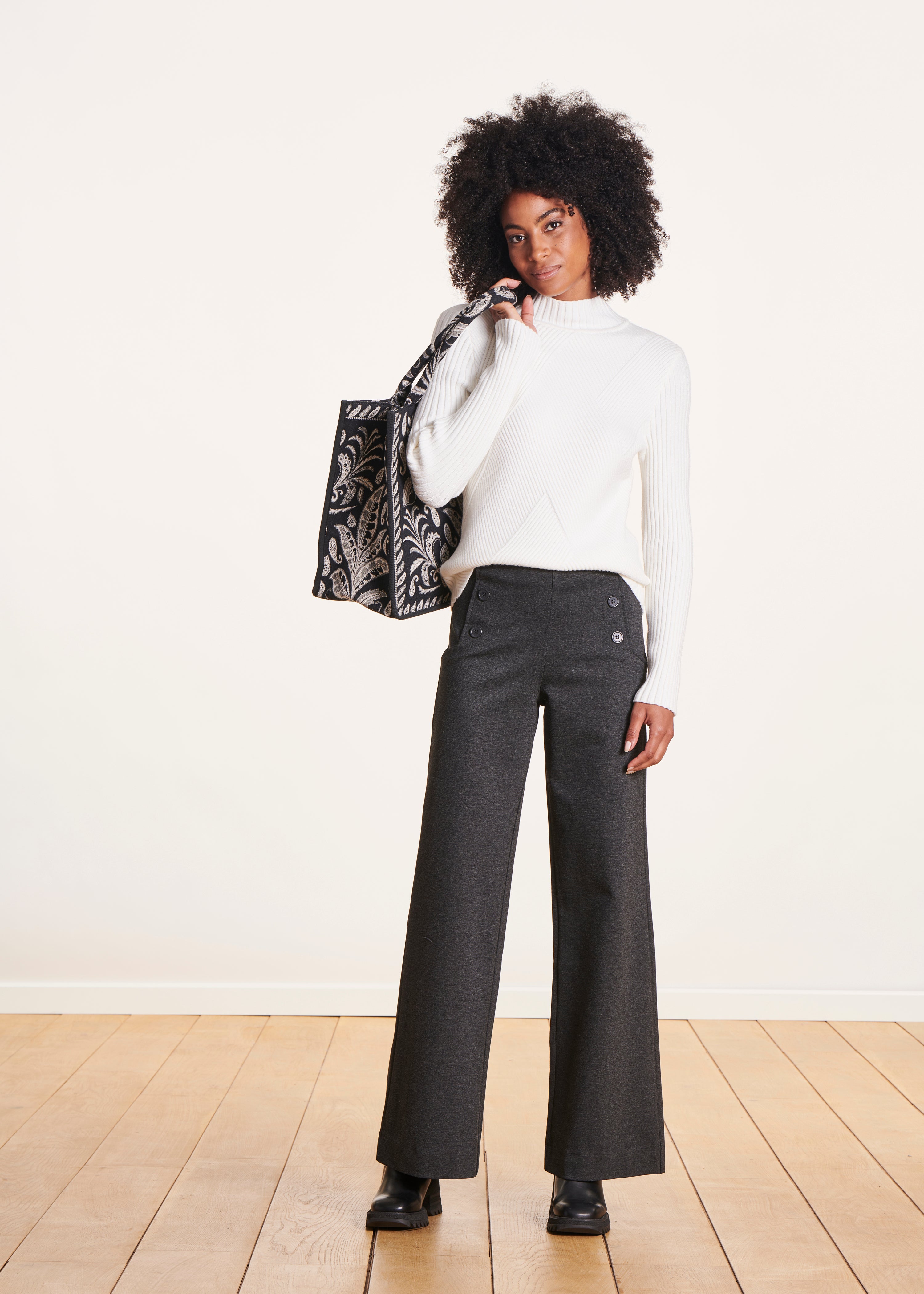 Dark grey high-waisted jersey trousers