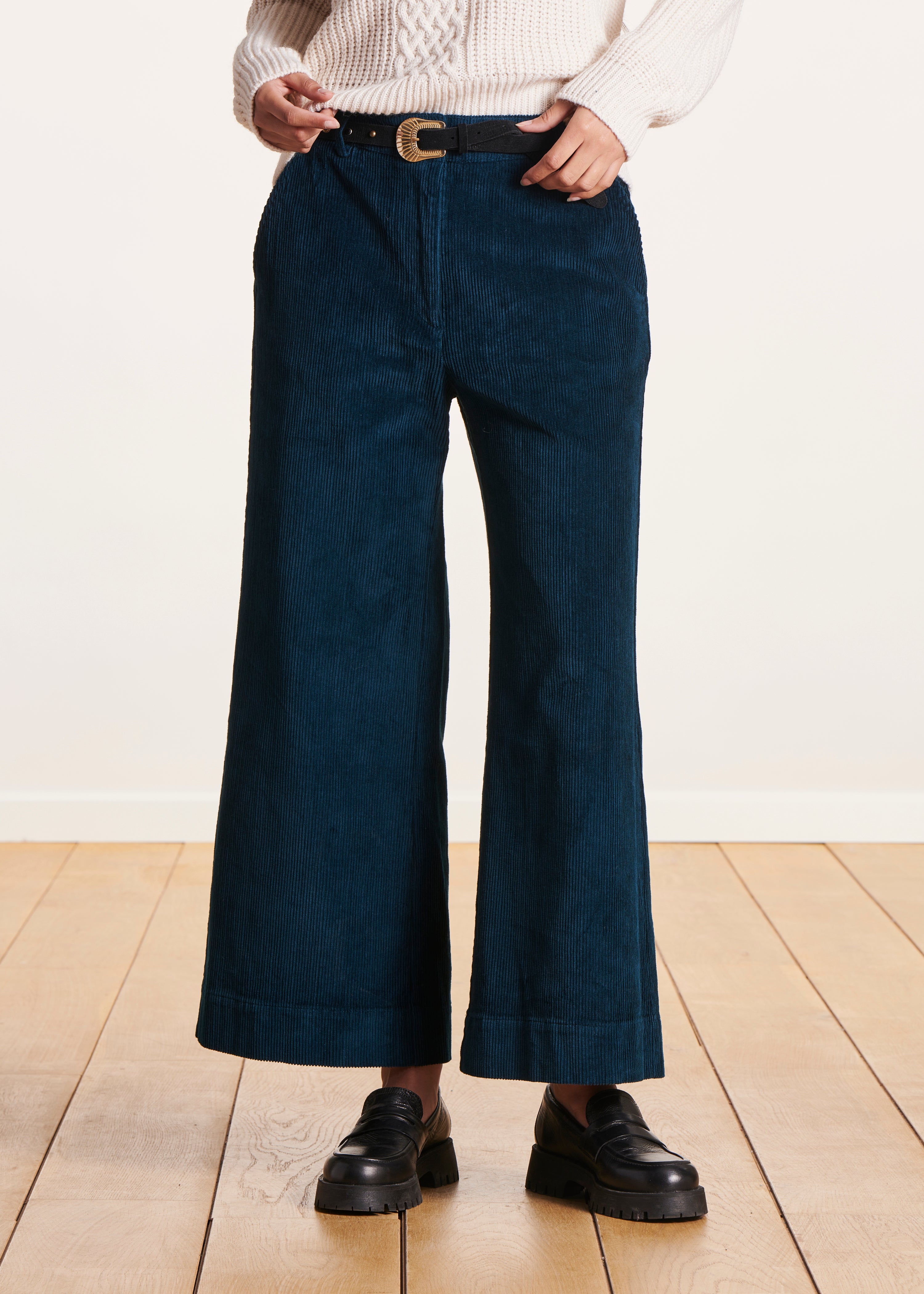 Petrol blue wide 7/8 corduroy pants