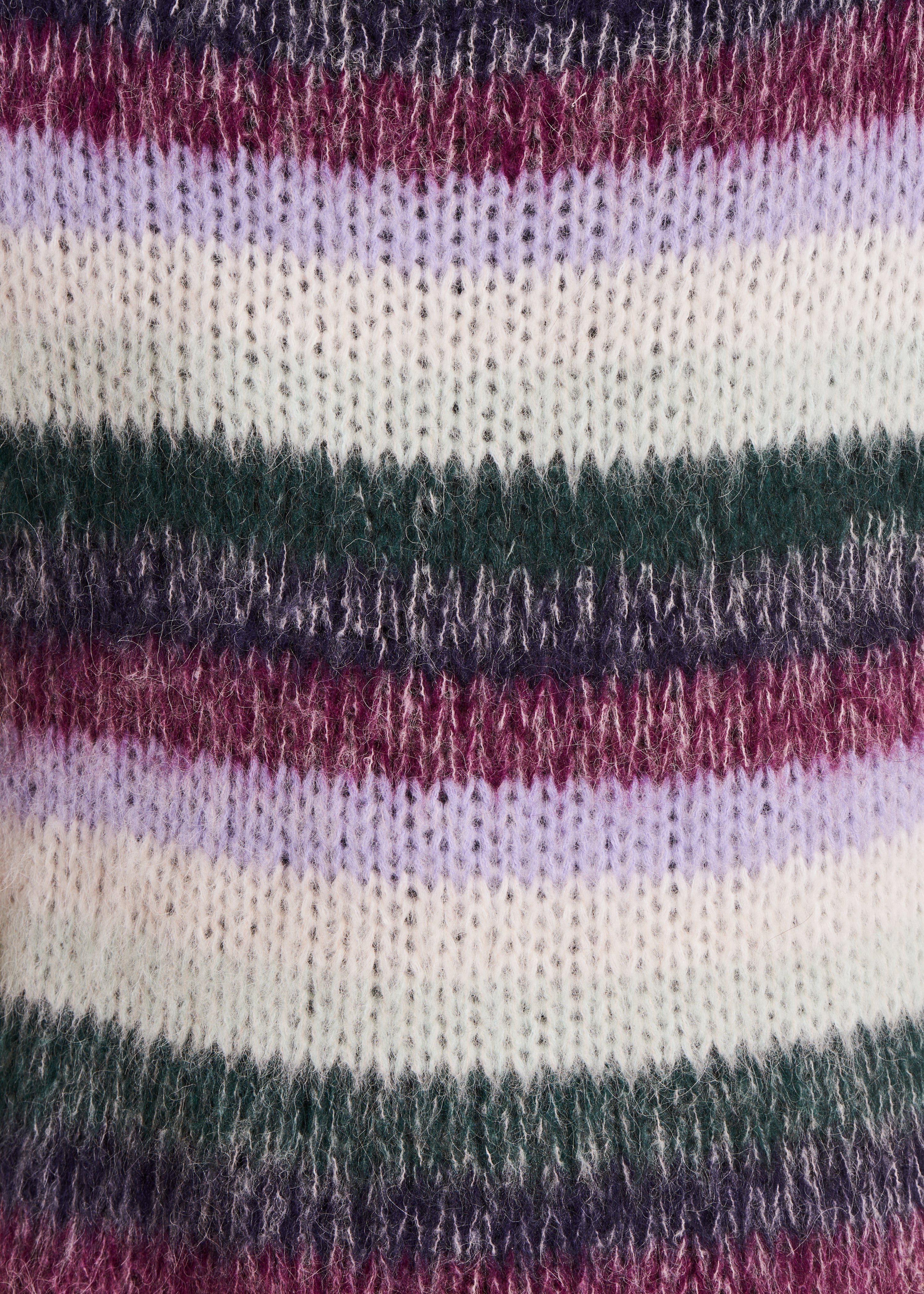 Loose purple and white sweater with wide stripes