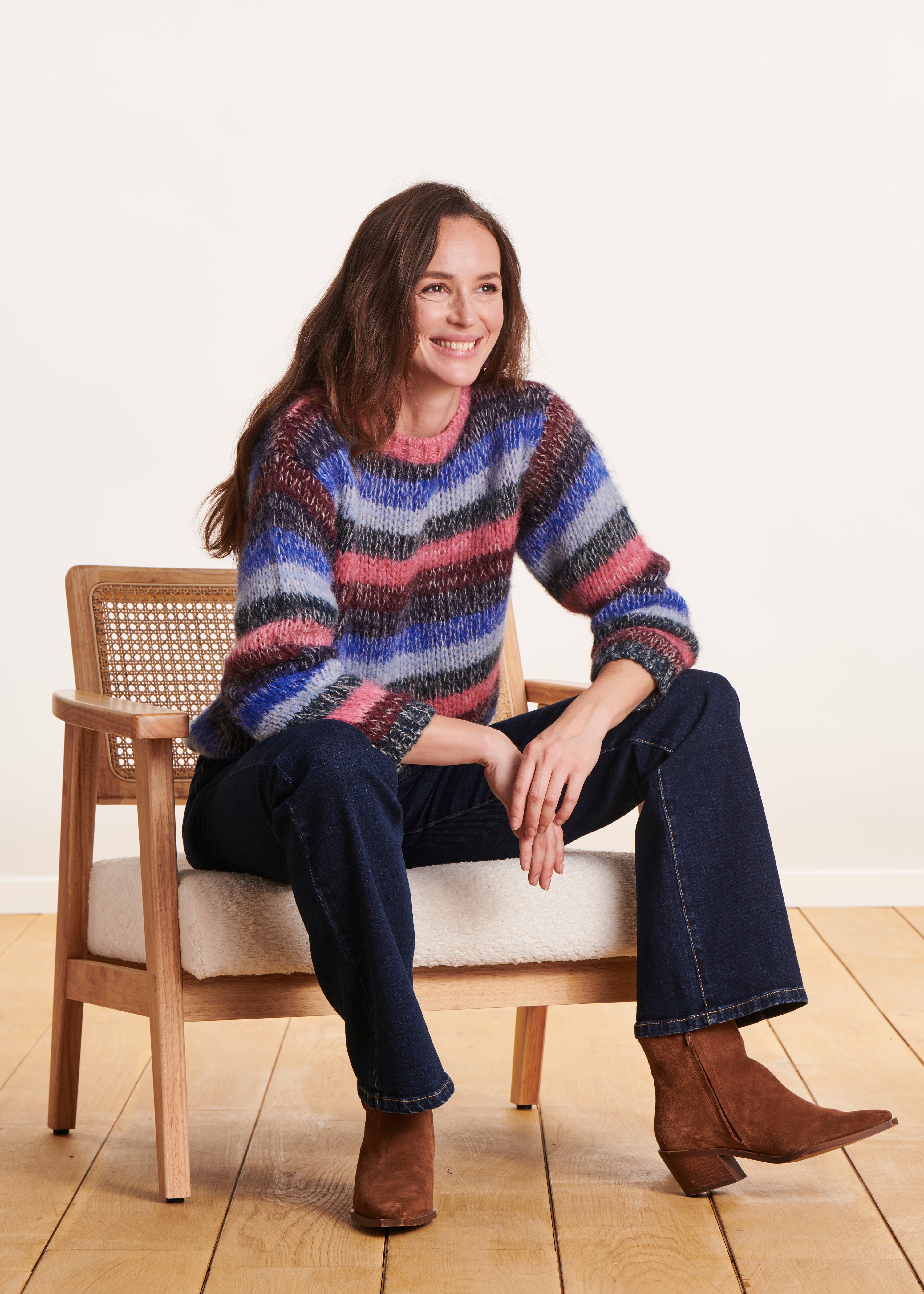 Loose blue and pink sweater with wide stripes