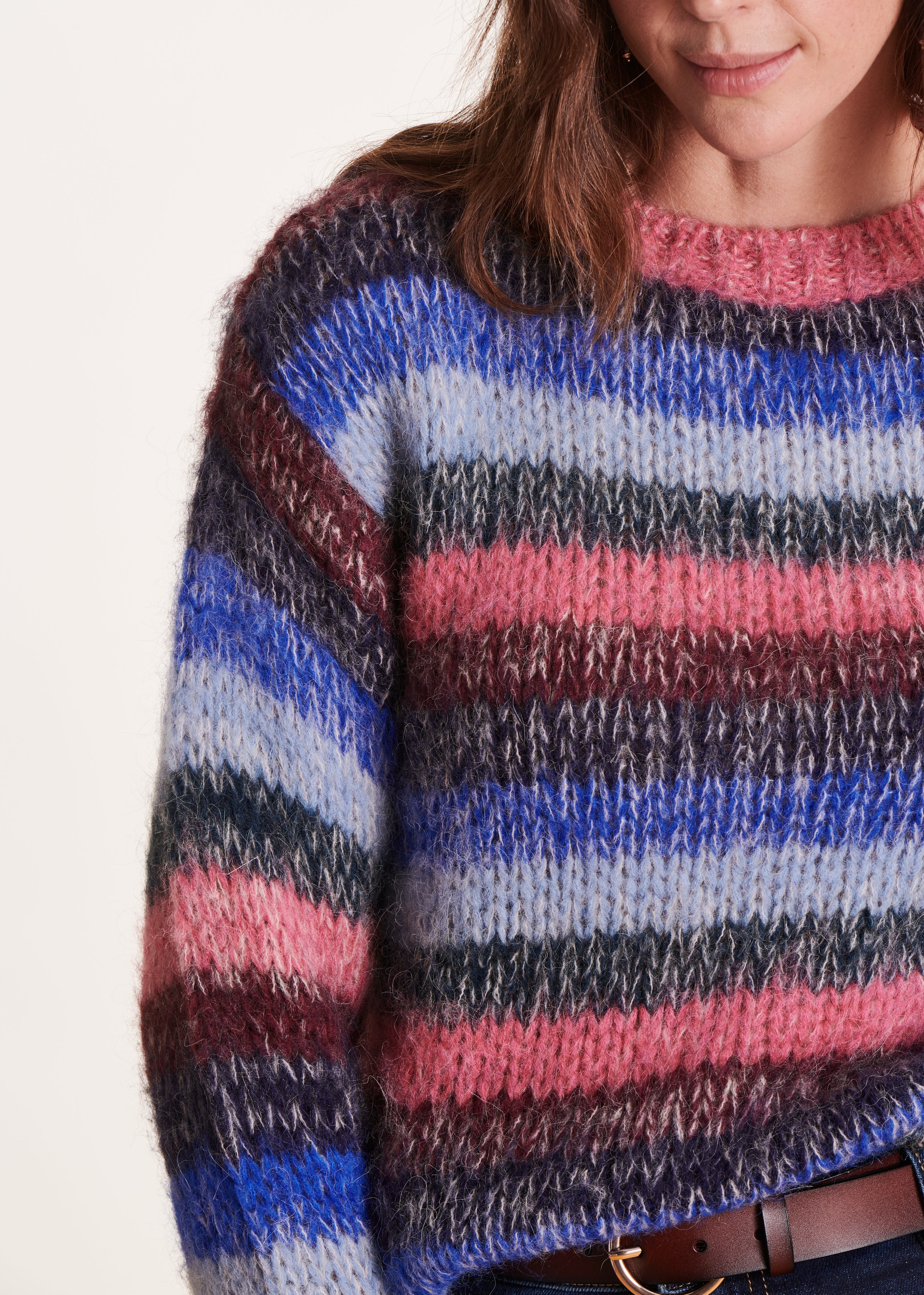 Loose blue and pink sweater with wide stripes