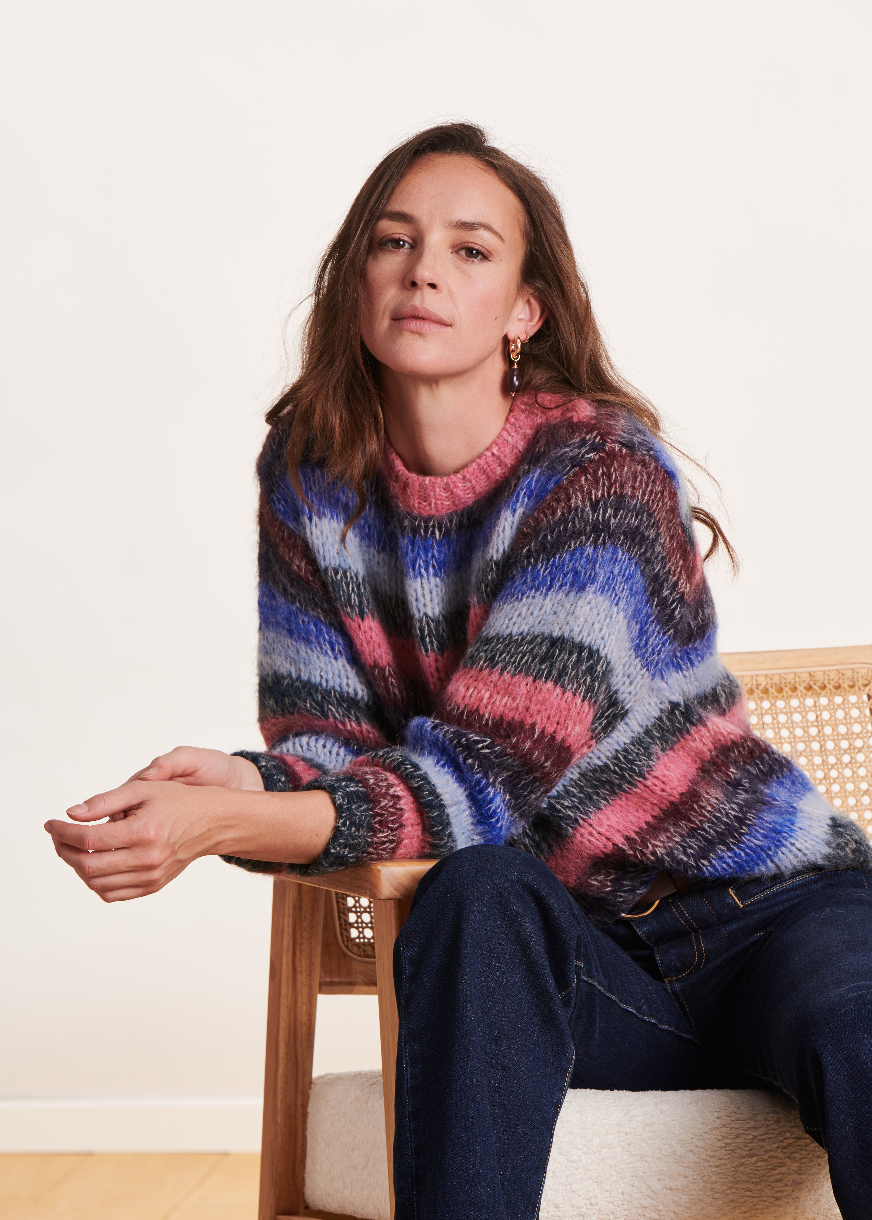 Loose blue and pink sweater with wide stripes