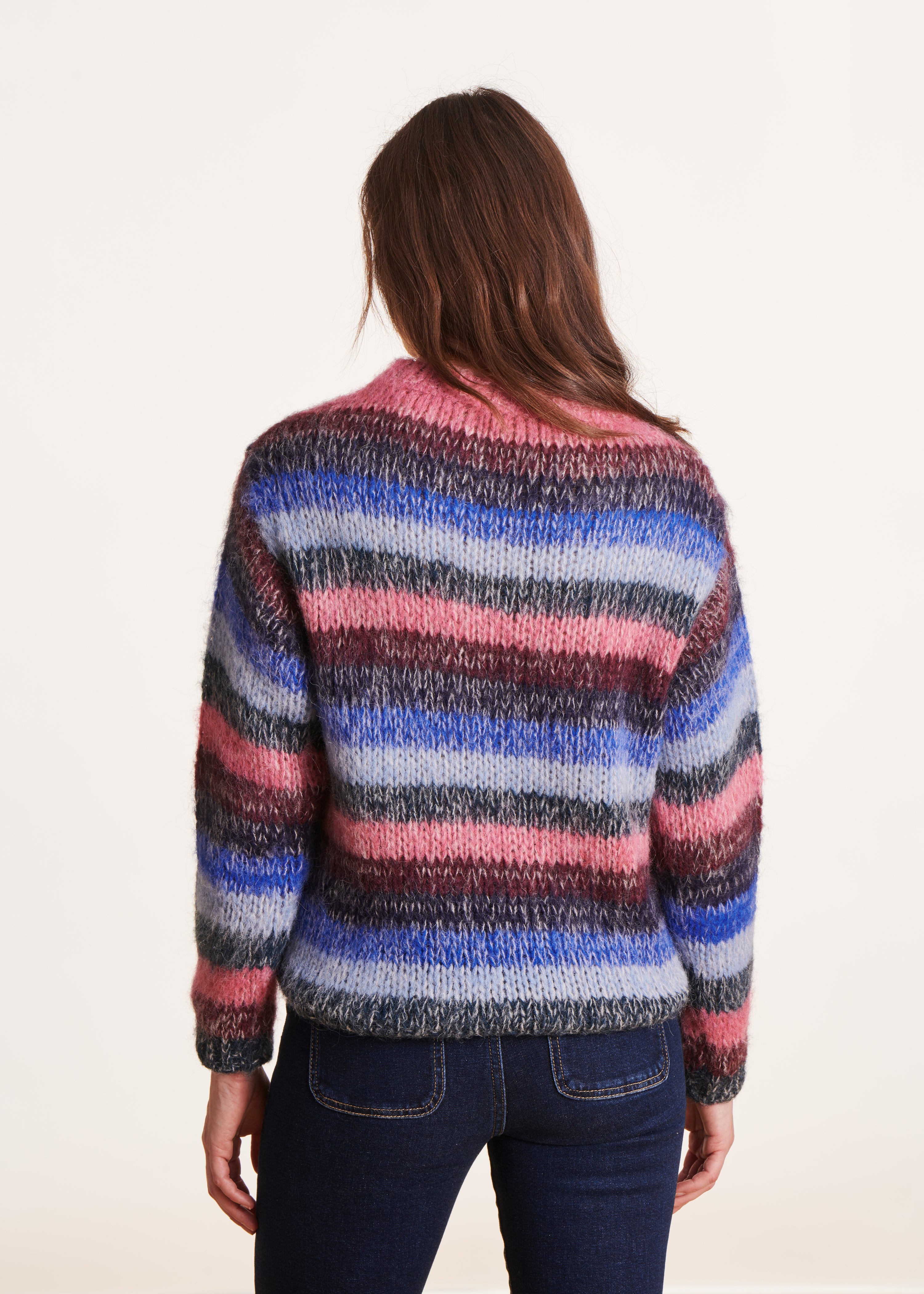 Loose blue and pink sweater with wide stripes