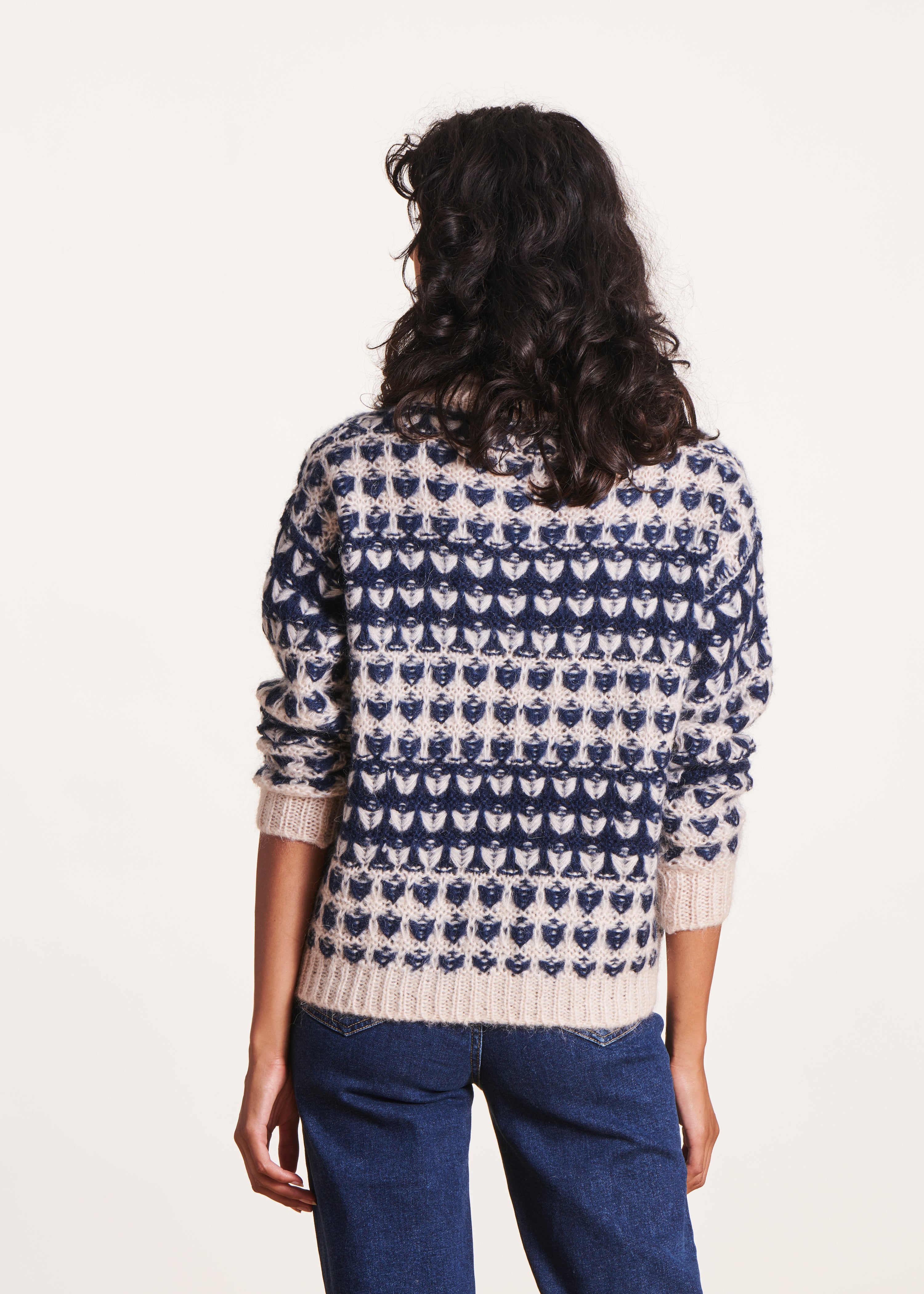 Blauer Jacquard-Rollkragenpullover