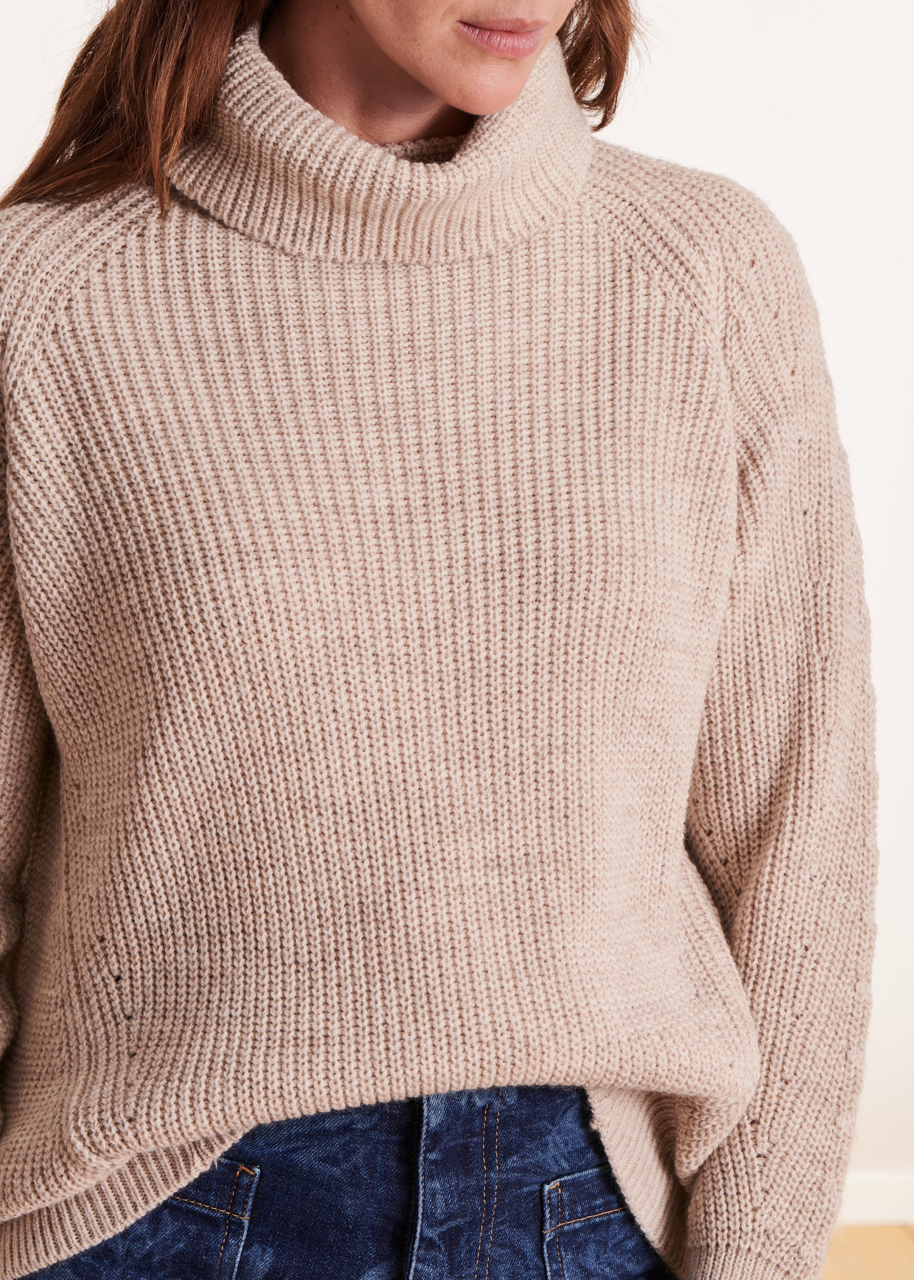 Beige cowl neck sweater in beaded rib knit