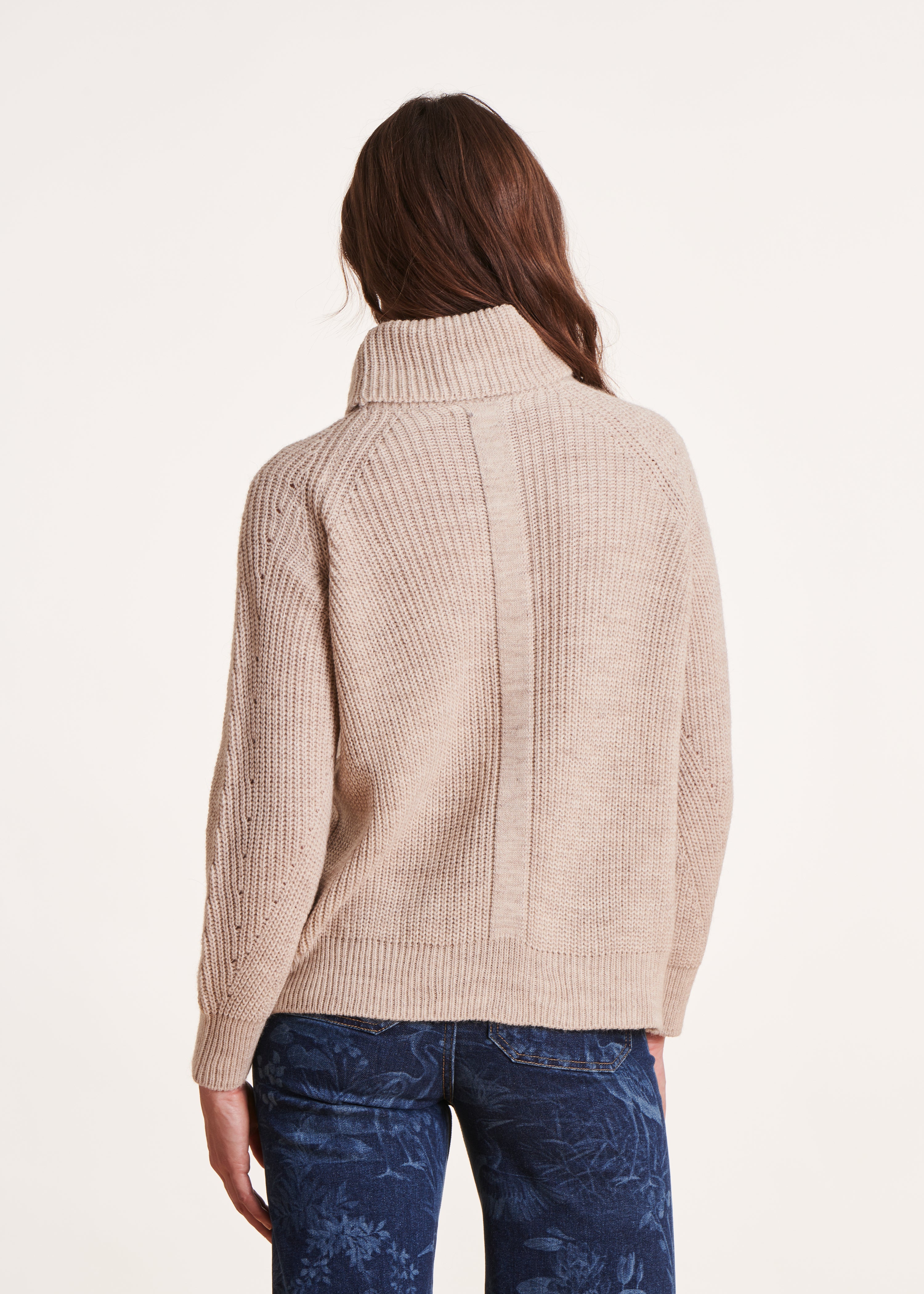 Beige cowl neck sweater in beaded rib knit