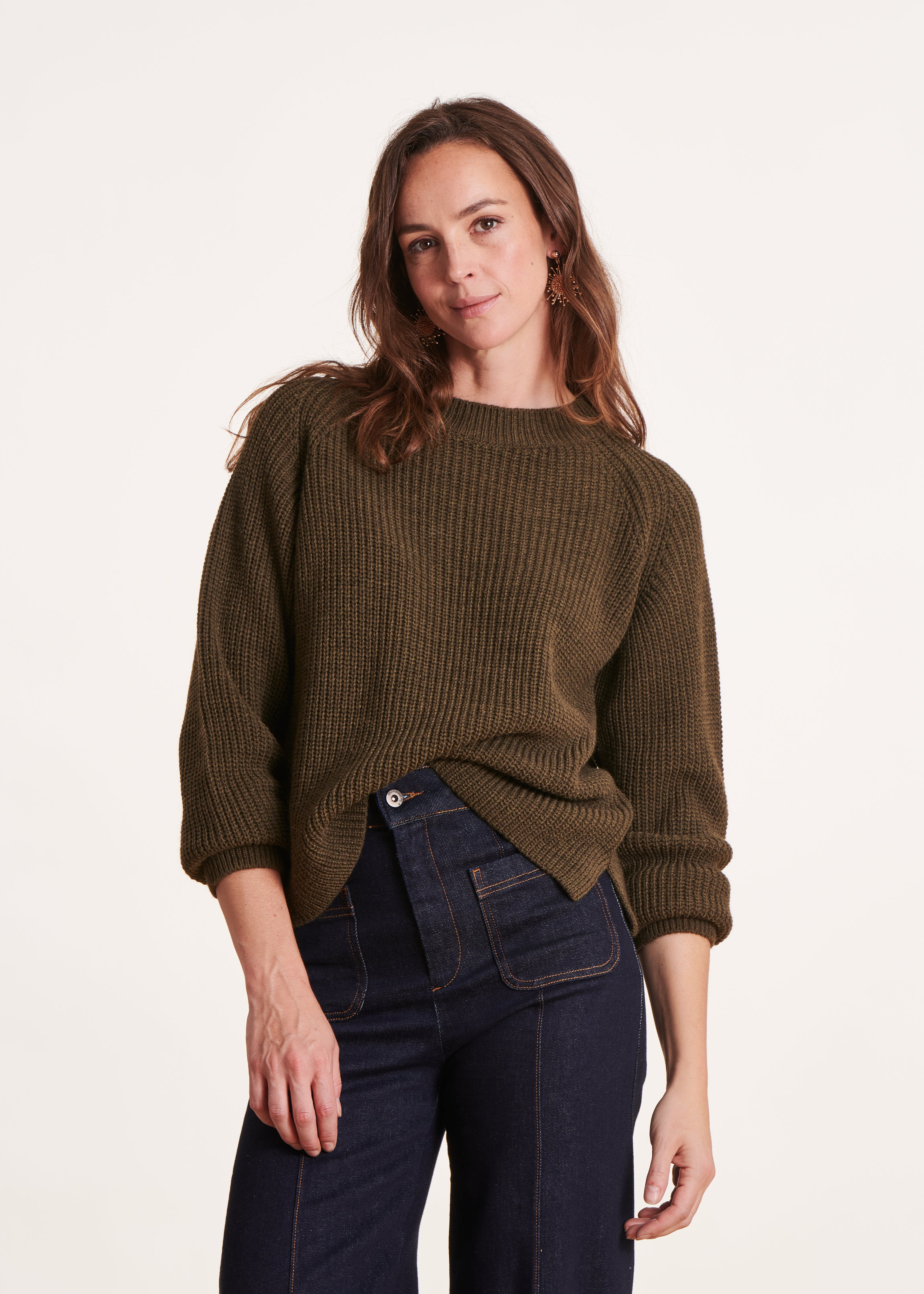 Khaki round neck sweater in beaded rib knit