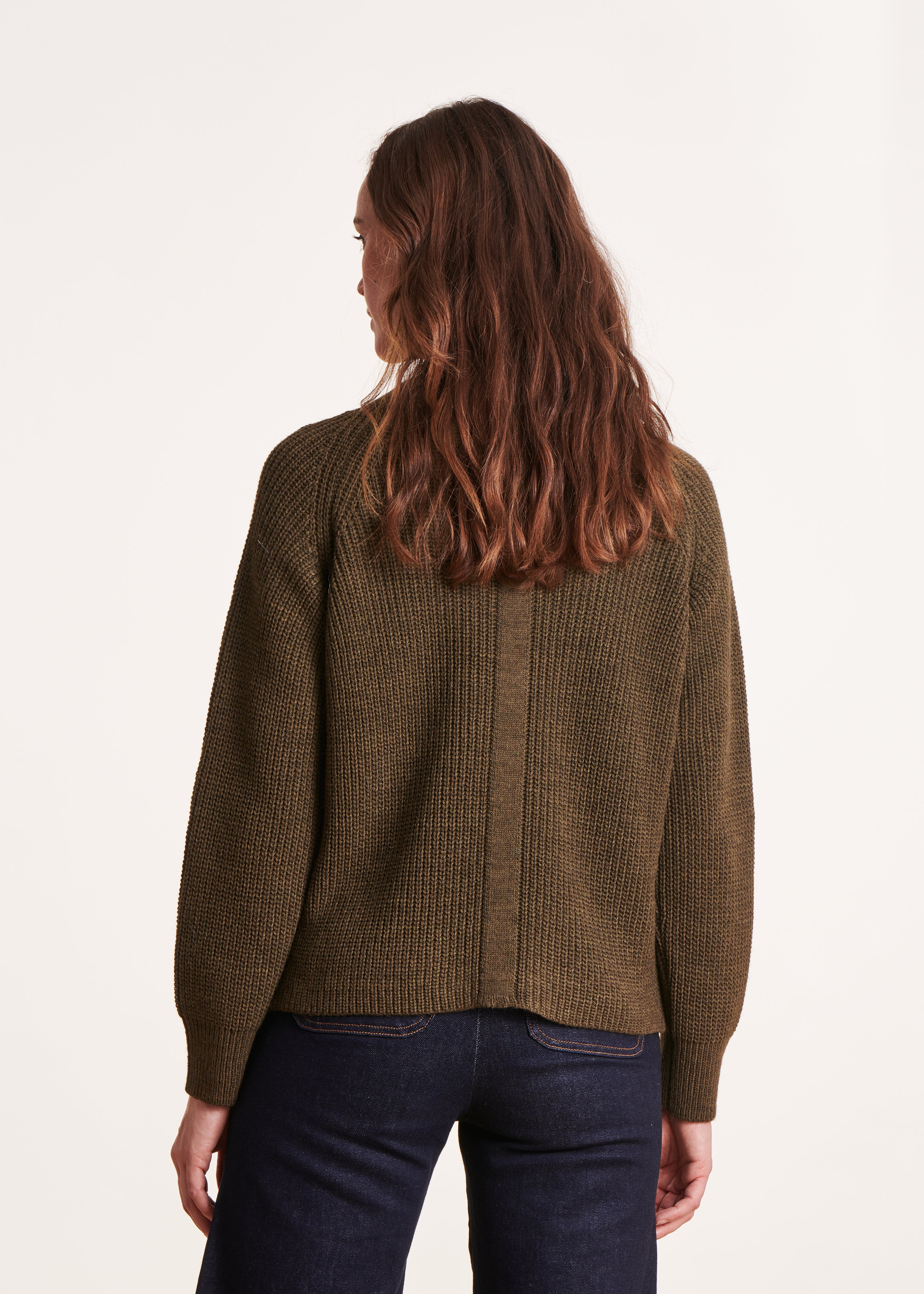 Khaki round neck sweater in beaded rib knit