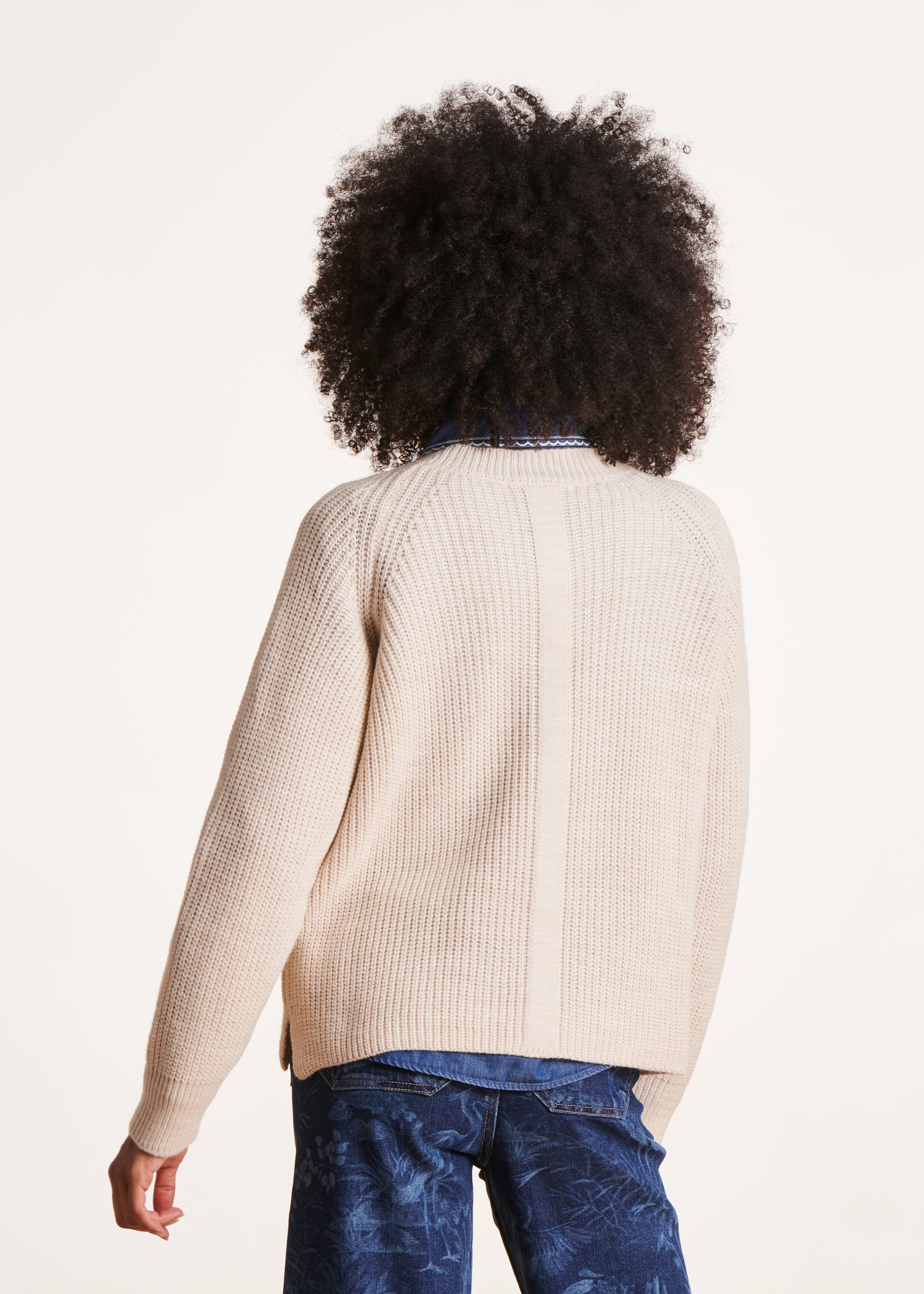 Ecru round neck sweater in beaded rib knit