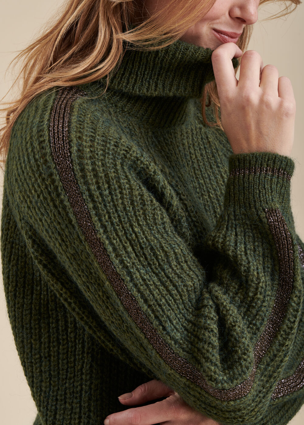 Beaded ribbed cowl neck sweater