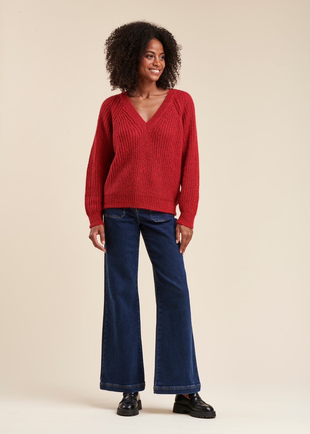 V-neck beaded rib sweater