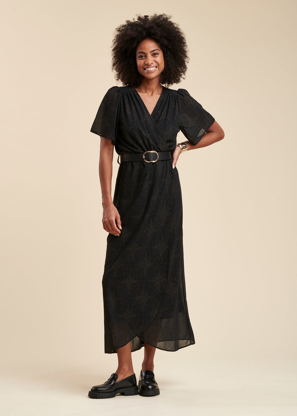 Long faux wrap dress in glittery printed voile