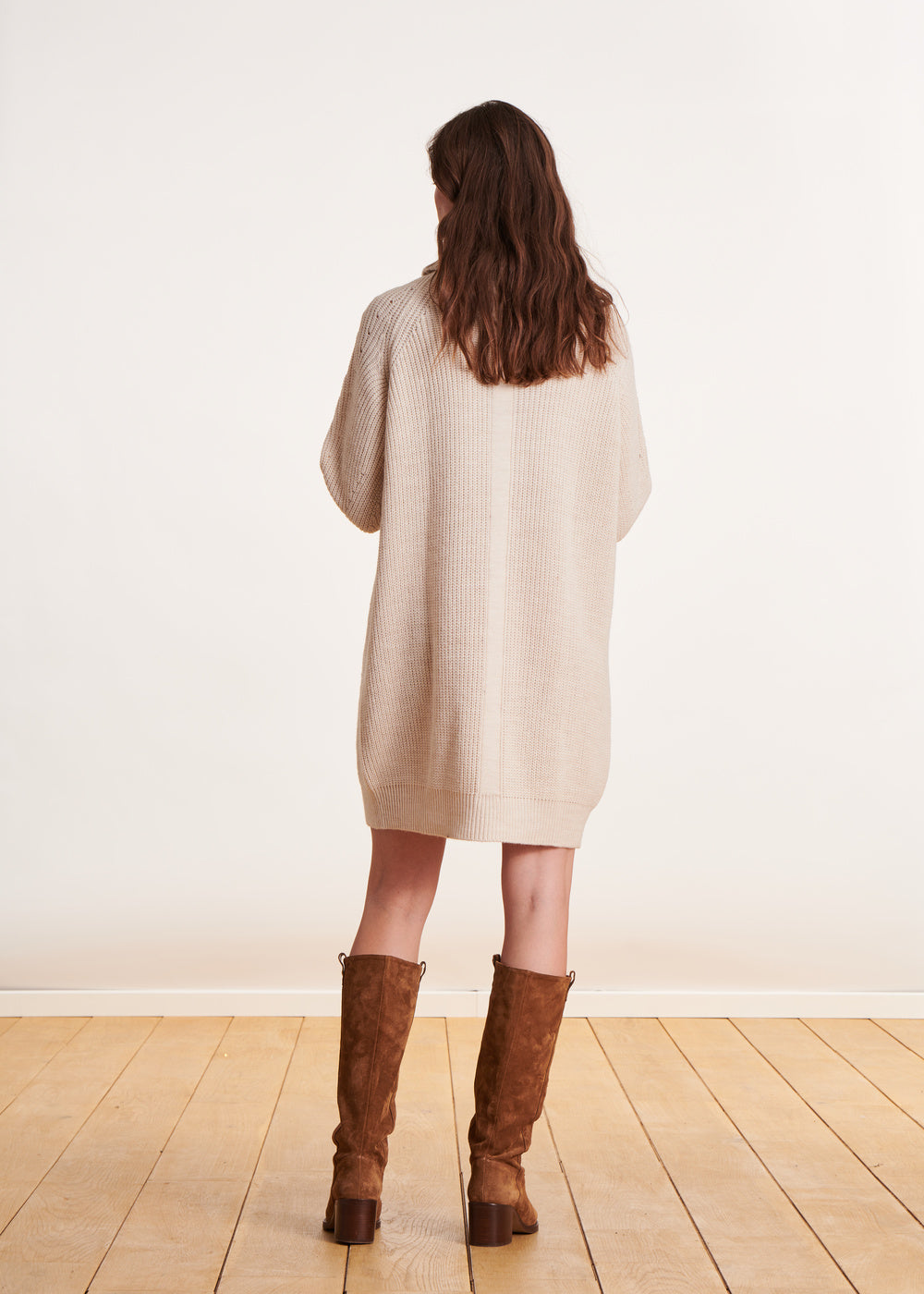 Beaded rib knit cowl neck dress