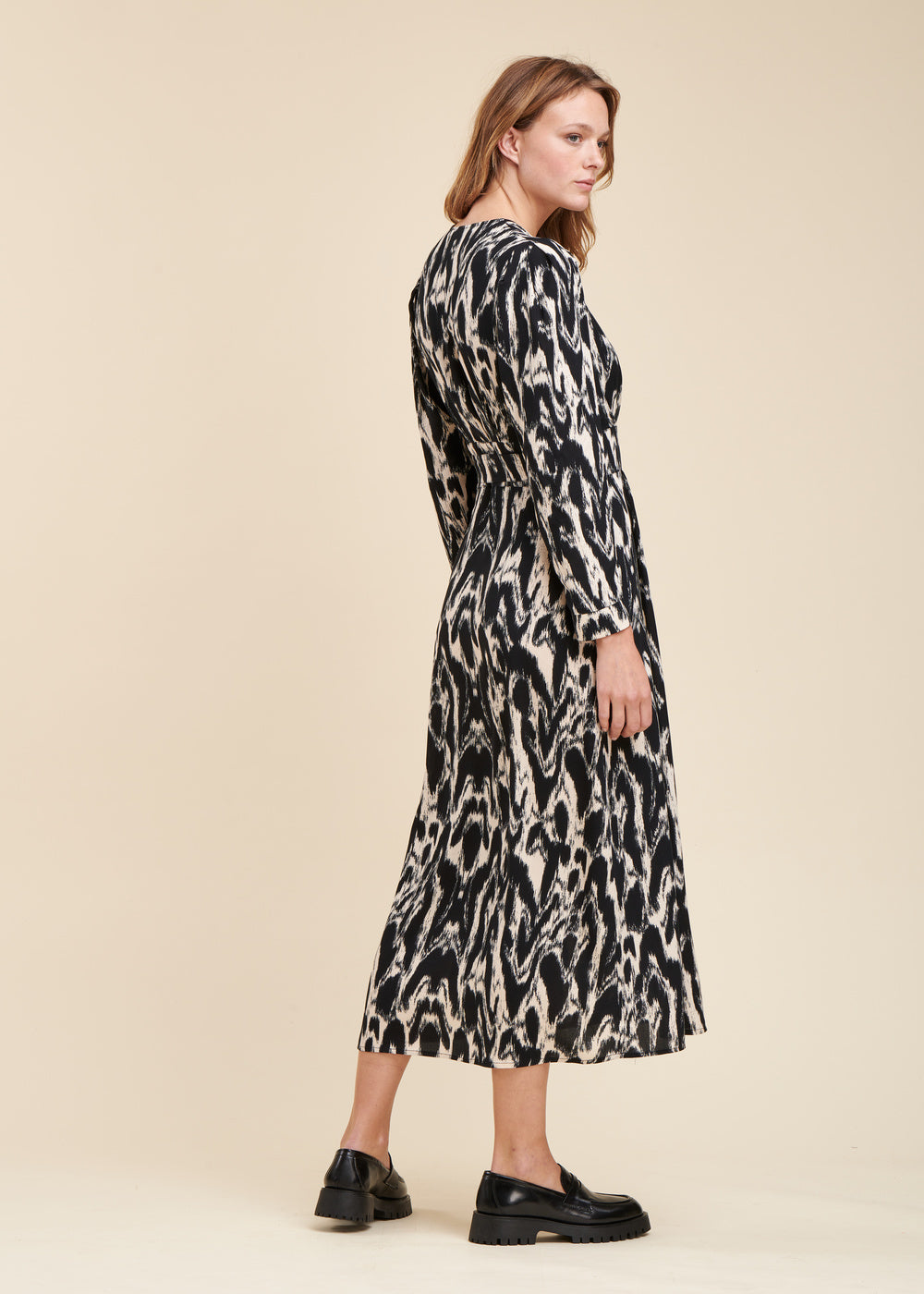 Ecovero viscose tachiste print long wrap dress