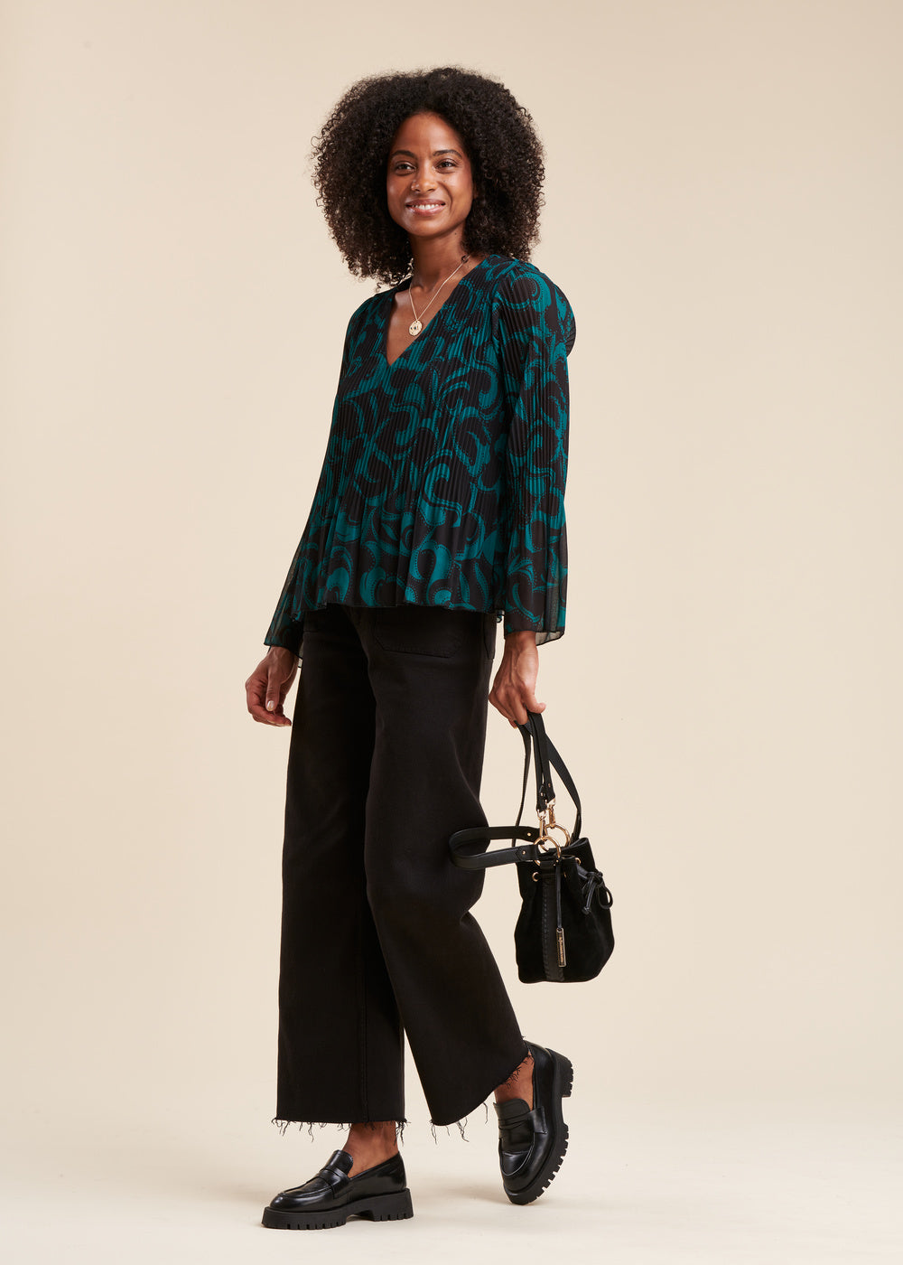 Pleated top in polyester voile with two-tone print