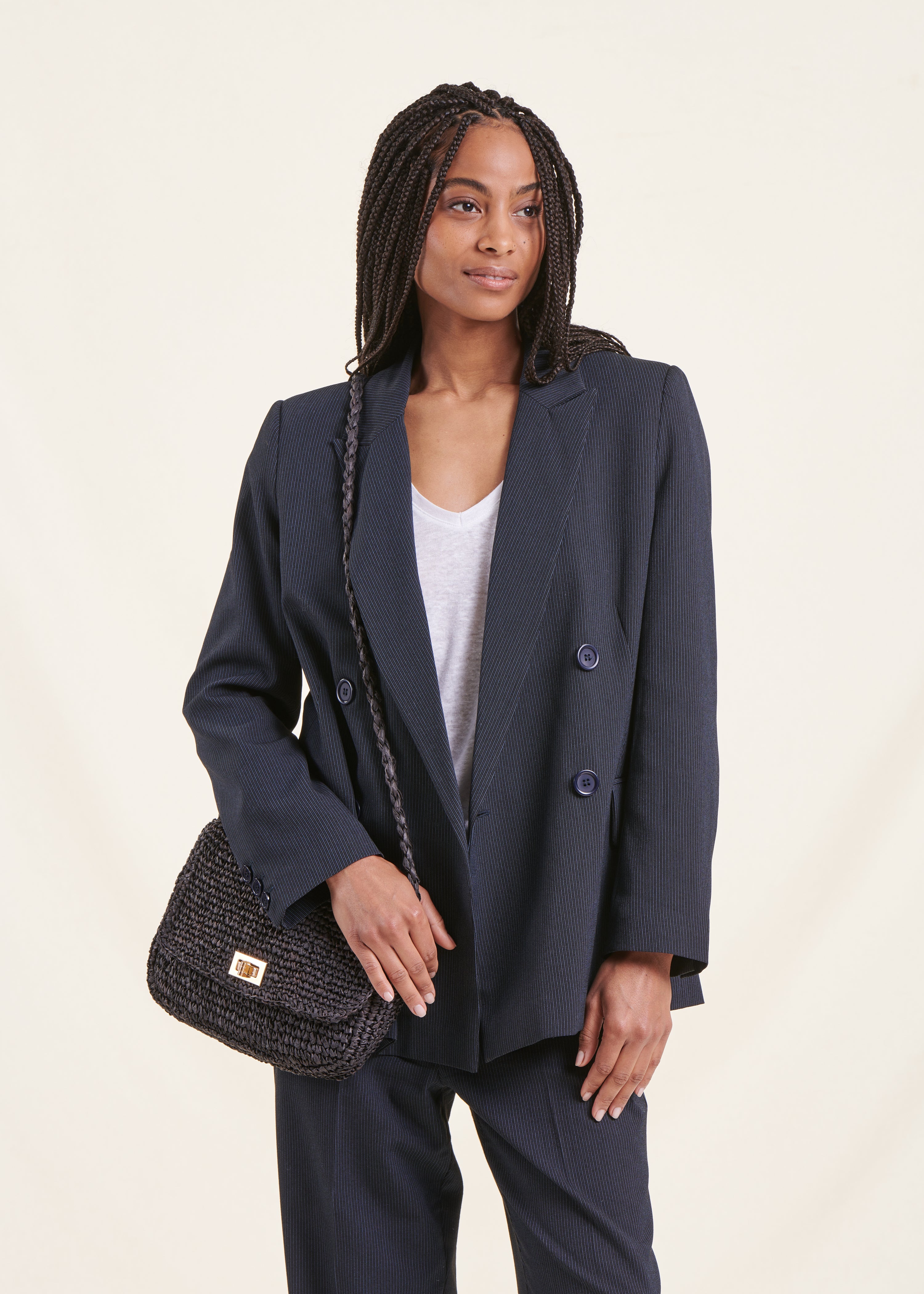 Double-breasted navy blue blazer