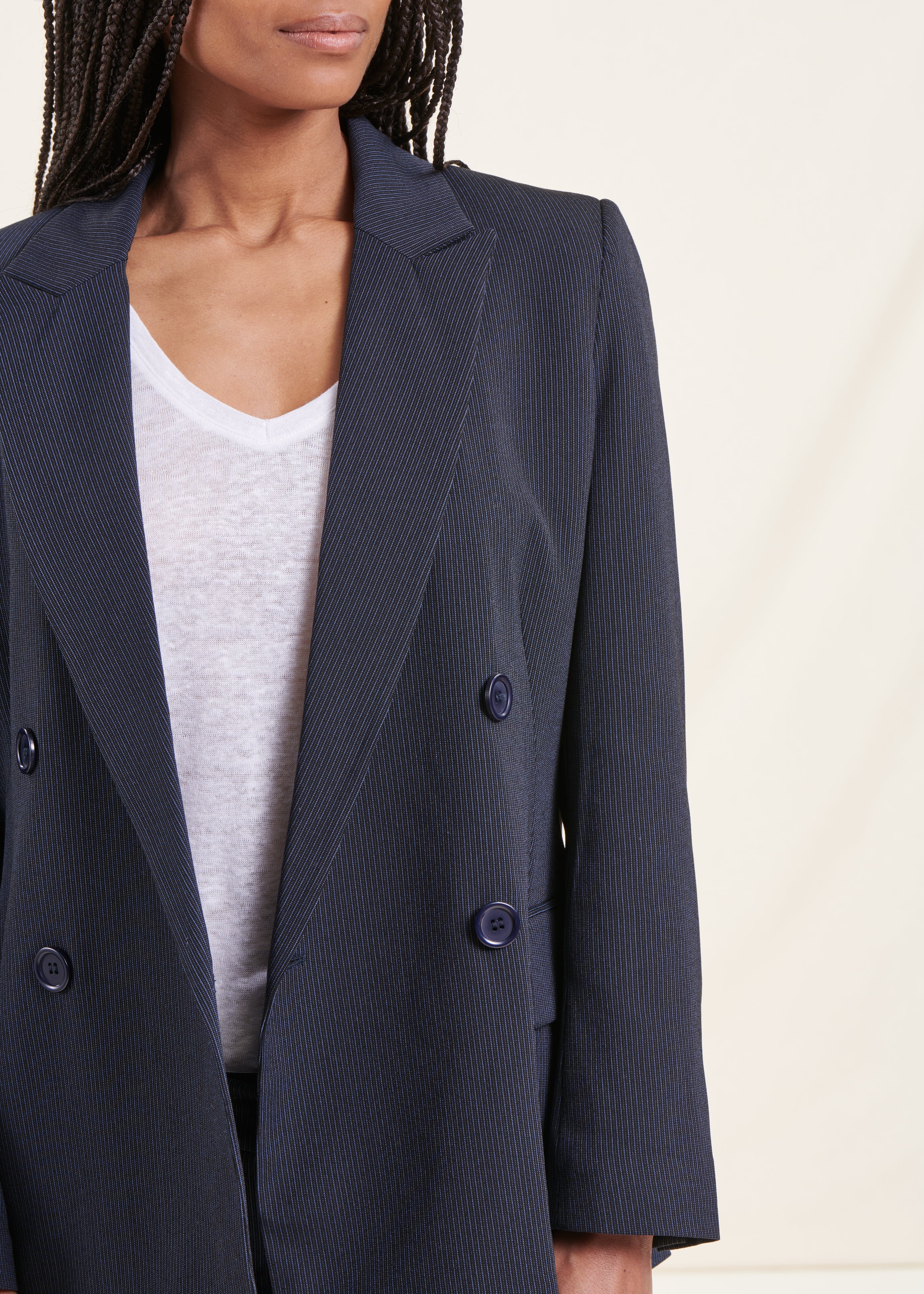 Double-breasted navy blue blazer