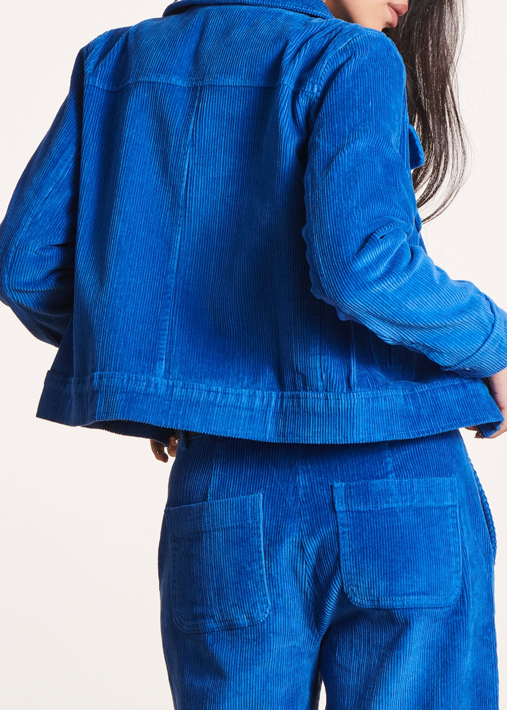 Kurze königsblaue Jacke aus Samt mit Reißverschluss