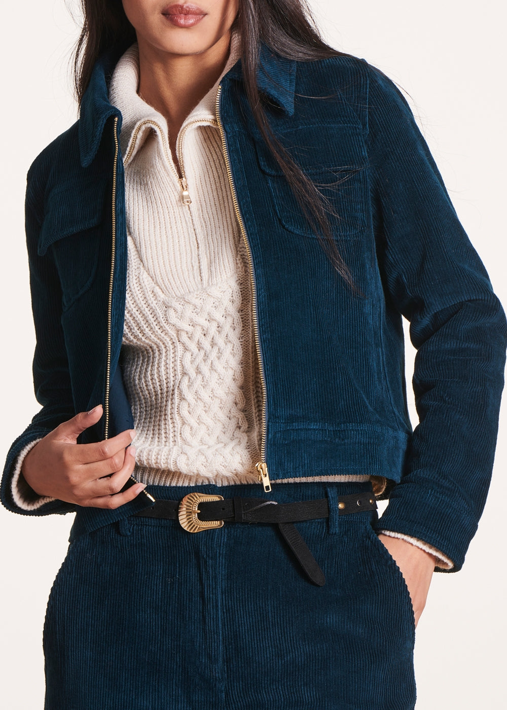 Kurze petrolblaue Jacke aus Samt mit Reißverschluss
