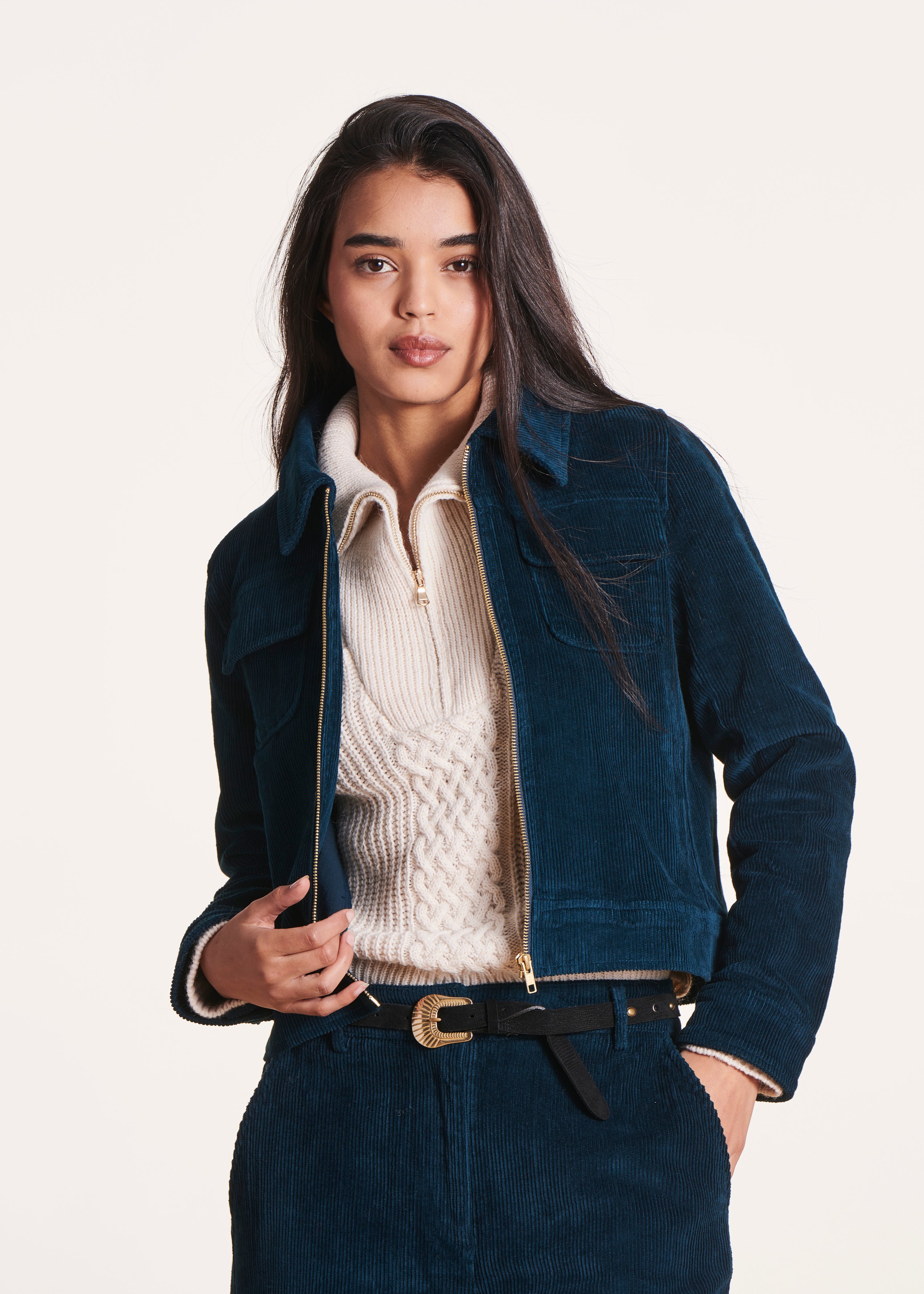 Petrol blue short zipped velvet jacket