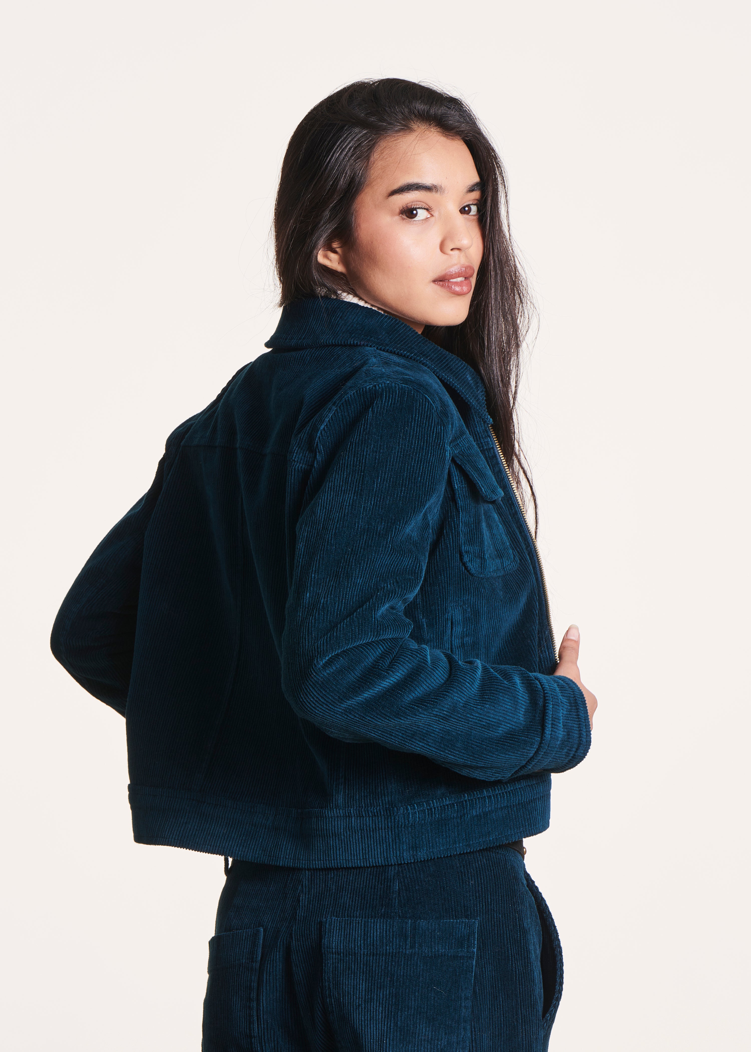 Petrol blue short zipped velvet jacket