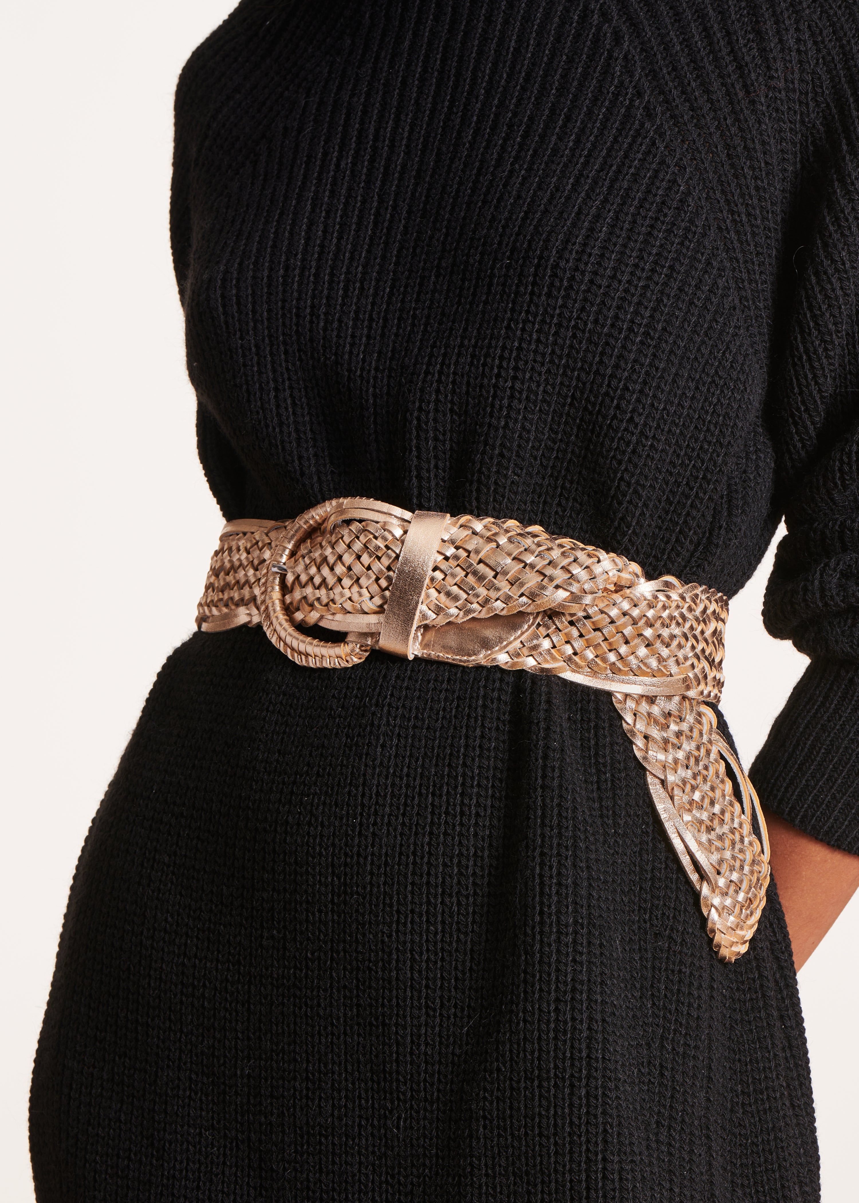 Wide braided gold leather belt