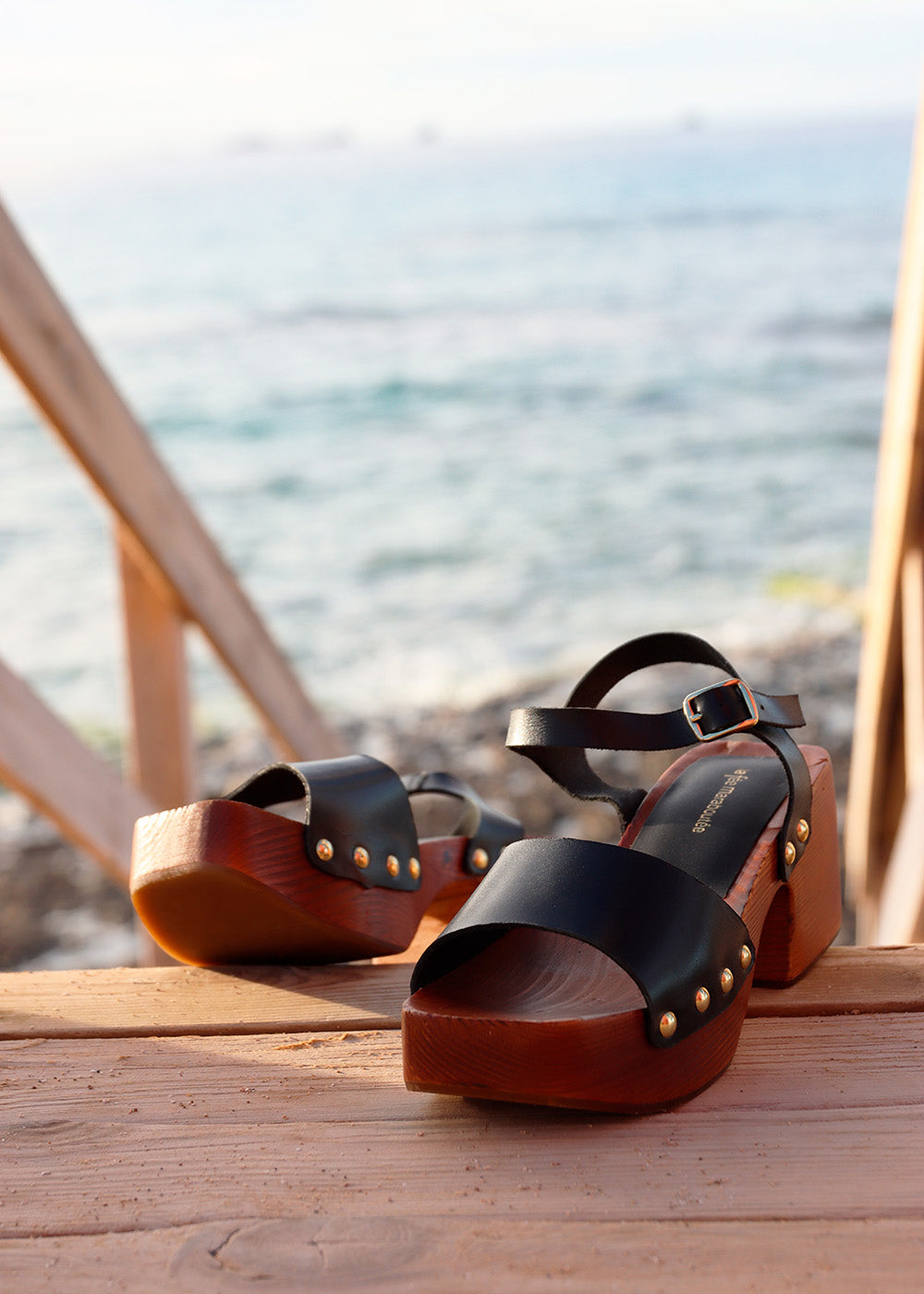 Black wooden heel sandals