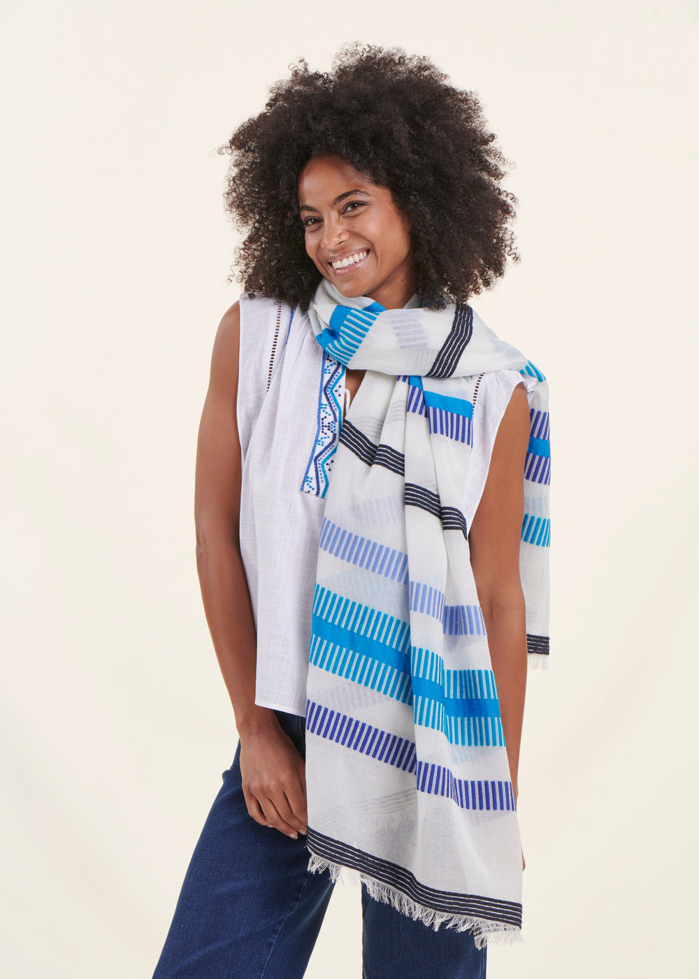 Blue wide striped scarf