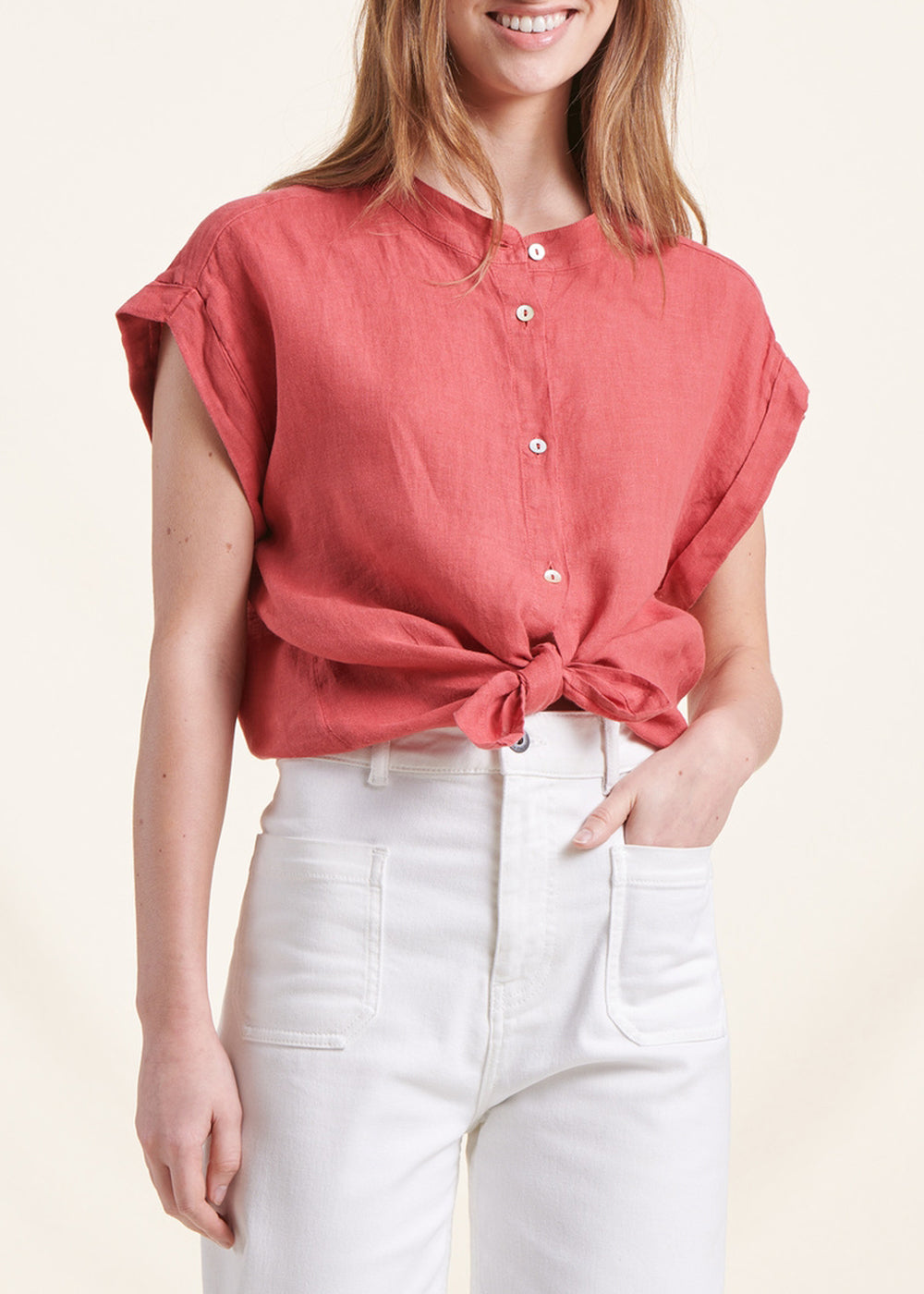 Coral linen shirt with mandarin collar, short sleeves