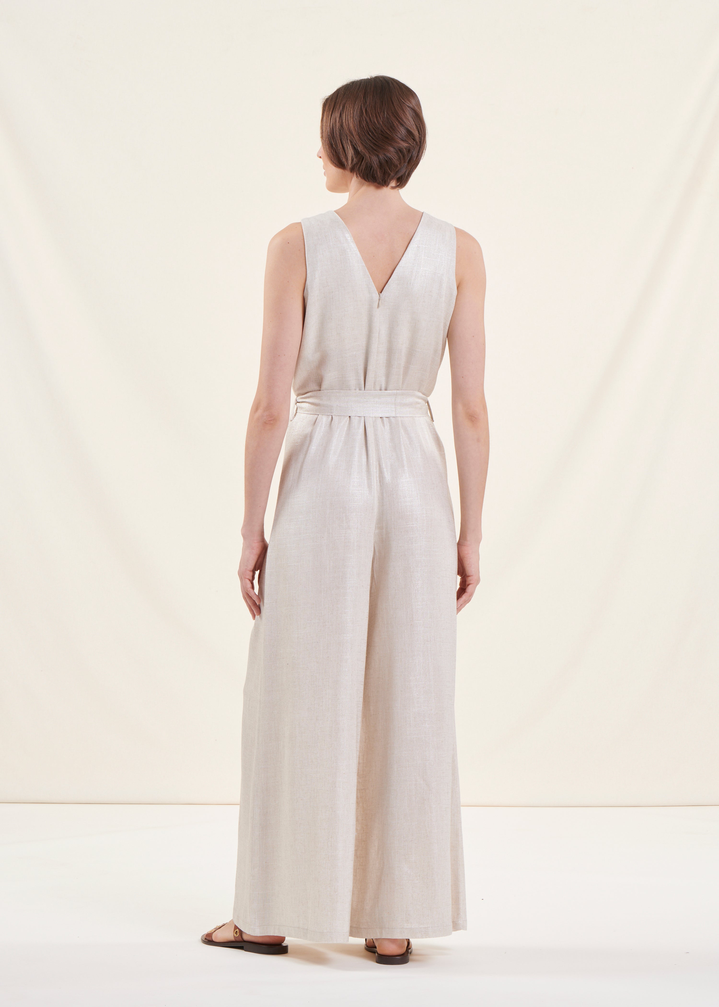 Beige sleeveless iridescent linen jumpsuit