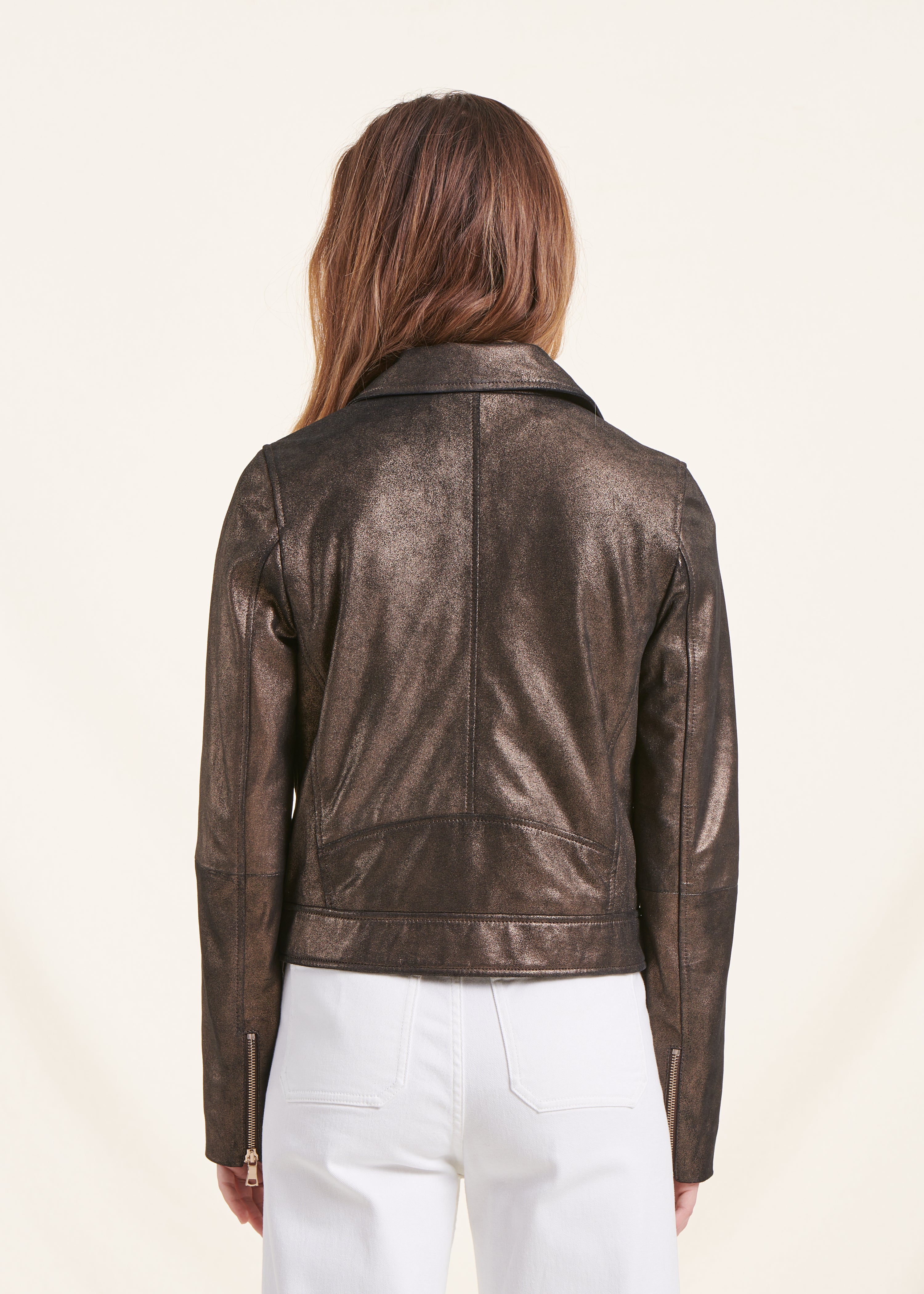 Bronze biker cut leather jacket