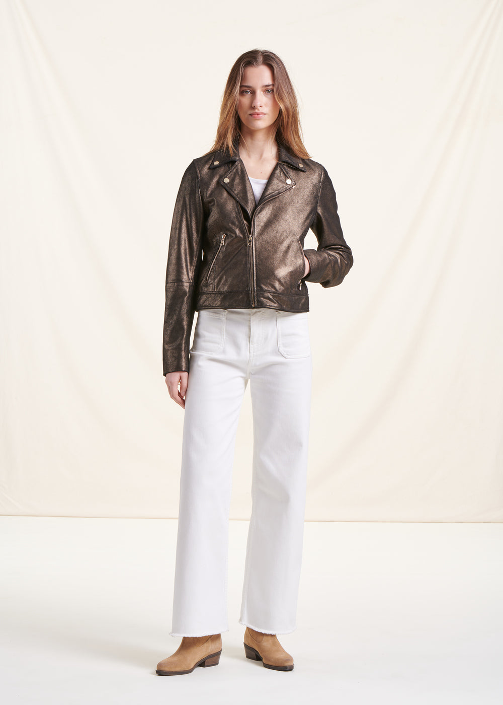 Blouson cuir bronze coupe biker