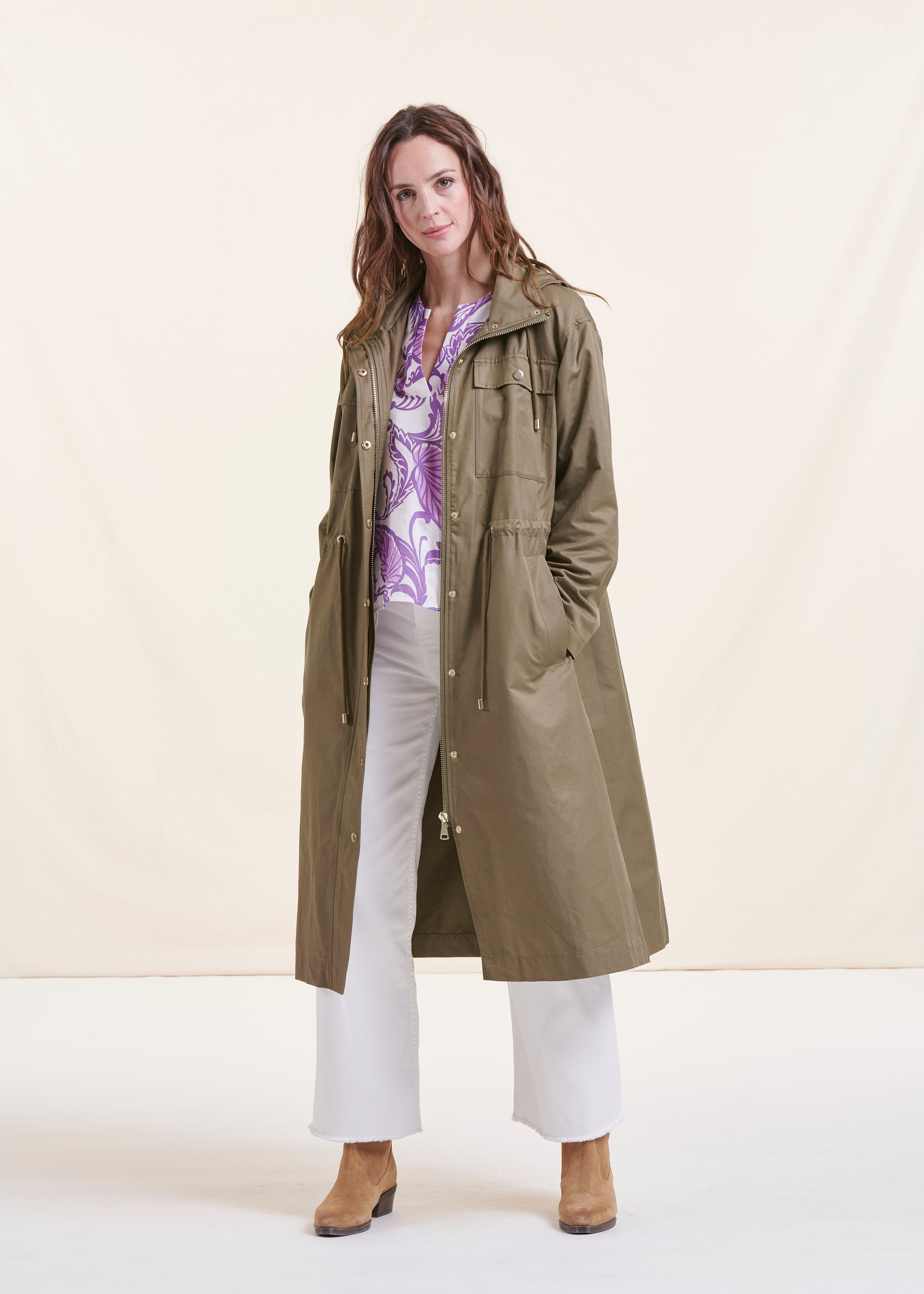 Lange kaki katoenen trenchcoat