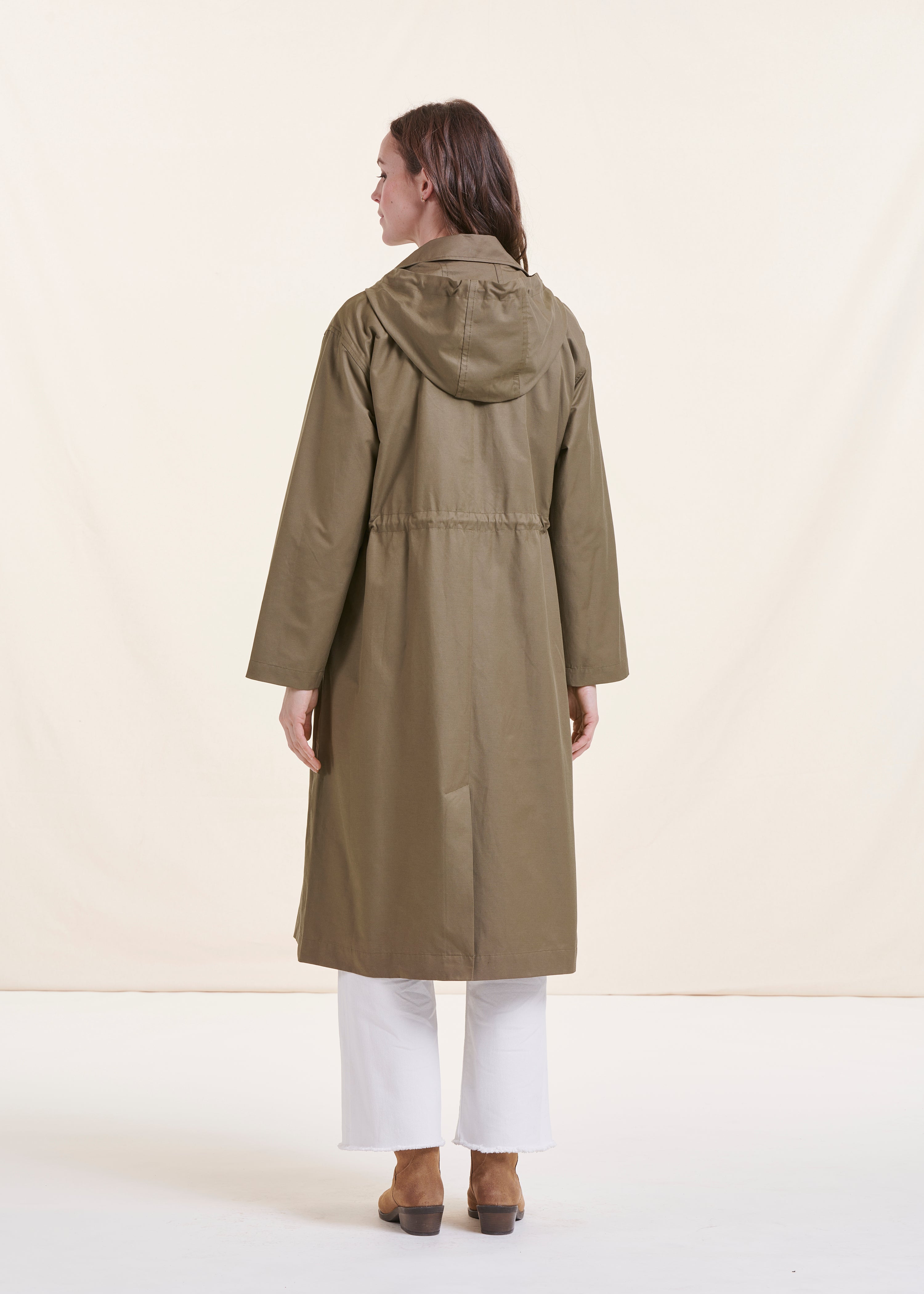 Trench coat longo de algodão cáqui