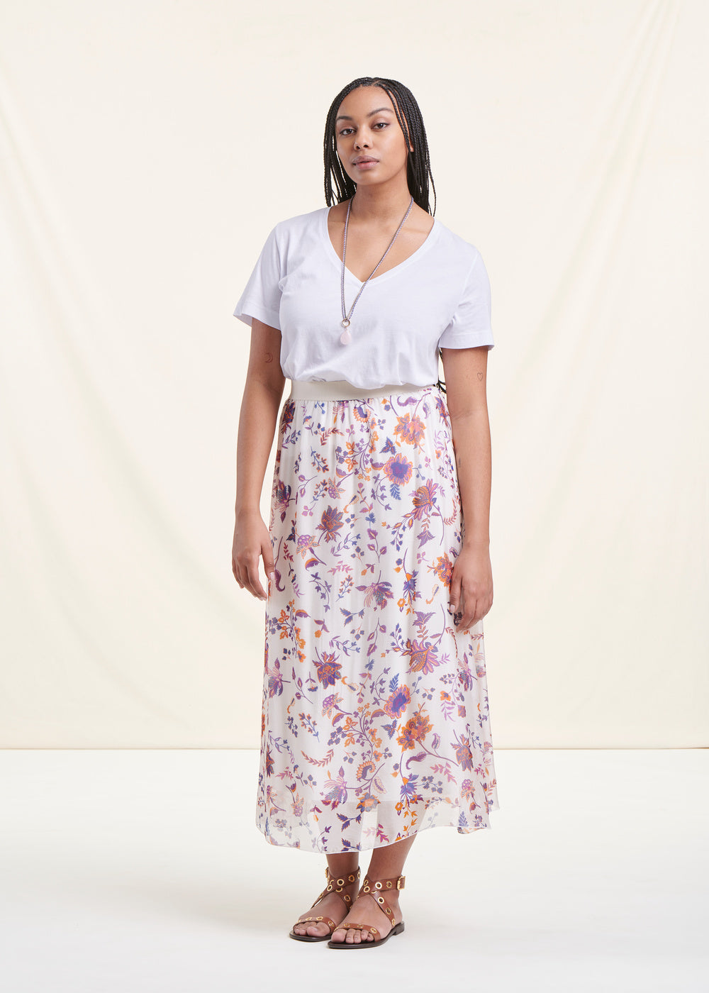 Long flowing ecru floral skirt with elastic waist