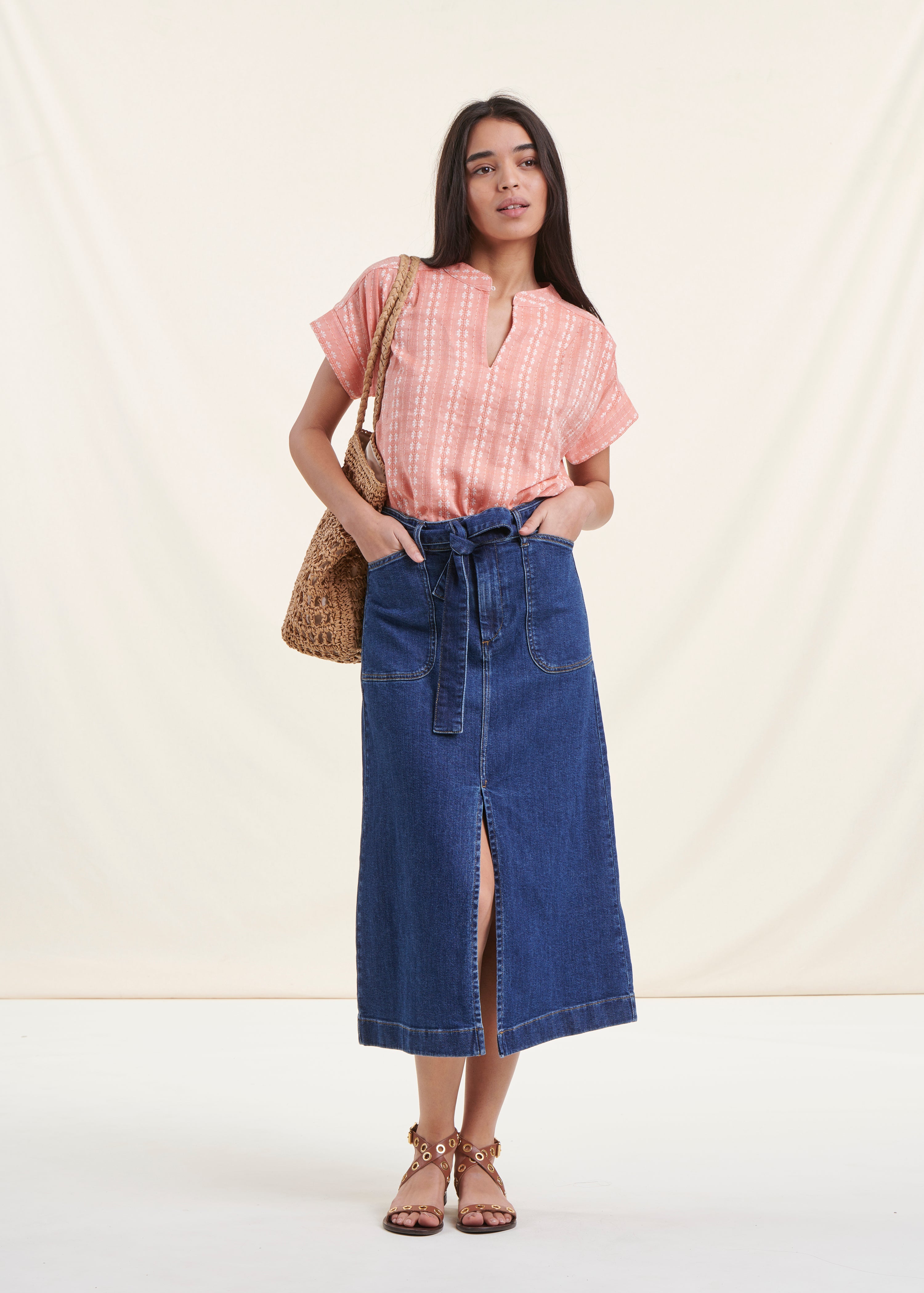 Mid-length organic cotton denim skirt