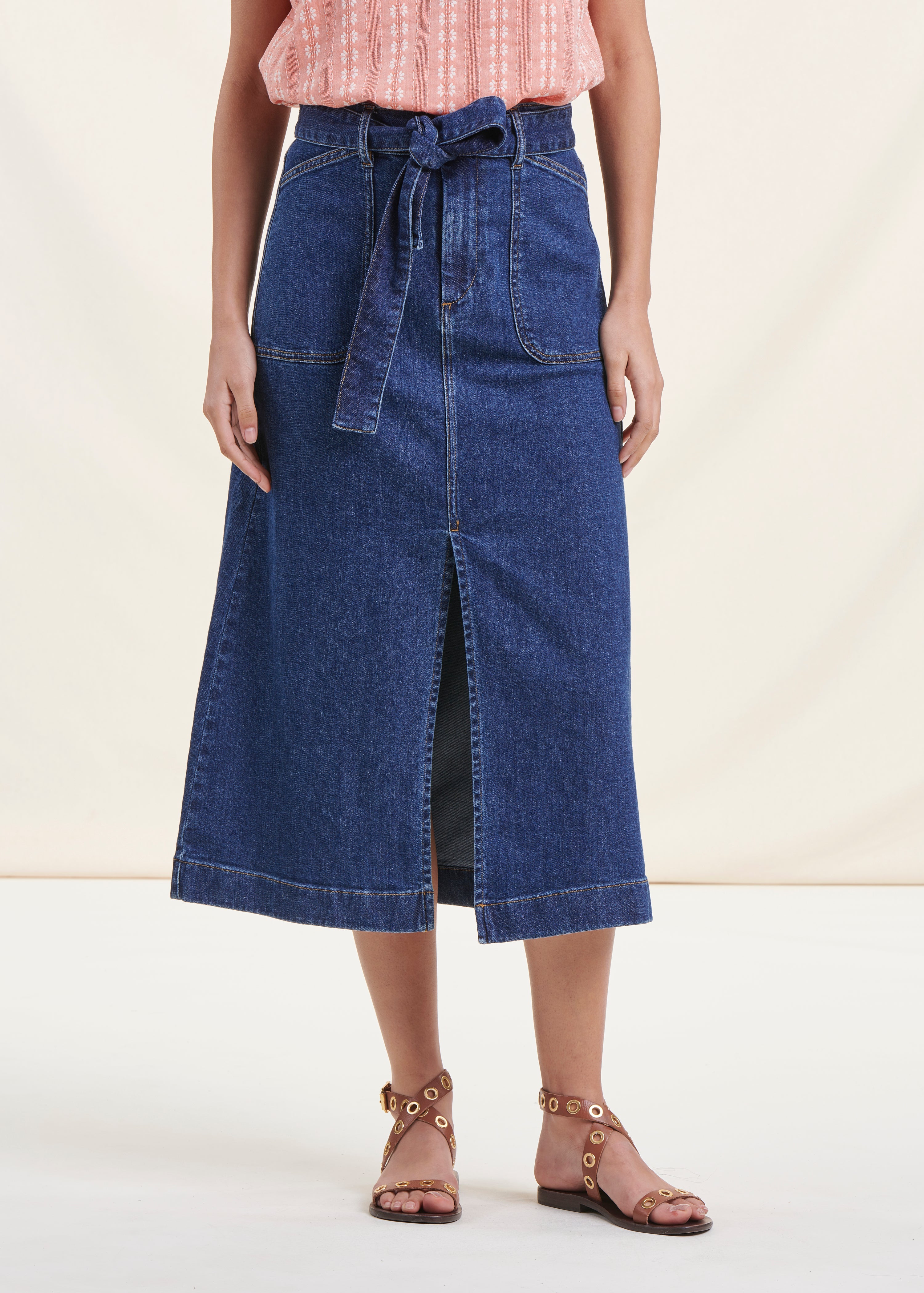 Mid-length organic cotton denim skirt