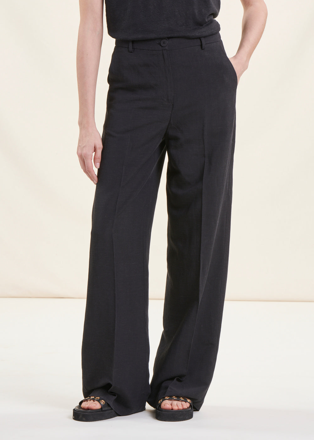 Black viscose linen high waist straight pants